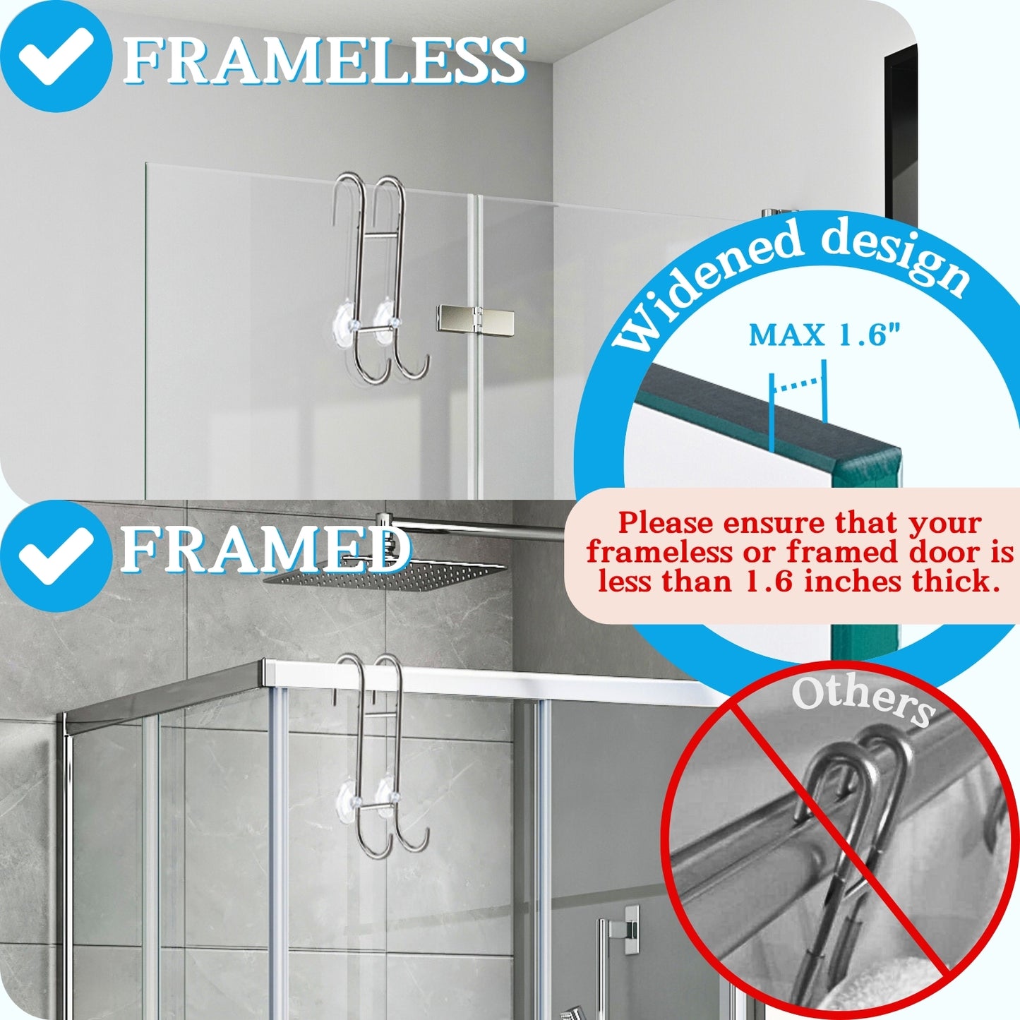 Shower Door Towel Hooks - 9"~13" Length Adjustable Hook for Framed & Frameless Over The Door Glass, Squeegee Holder, Towels Hanger for Bath Suits Rozer Robes Loofahs Shavers, 2-Pack Silver