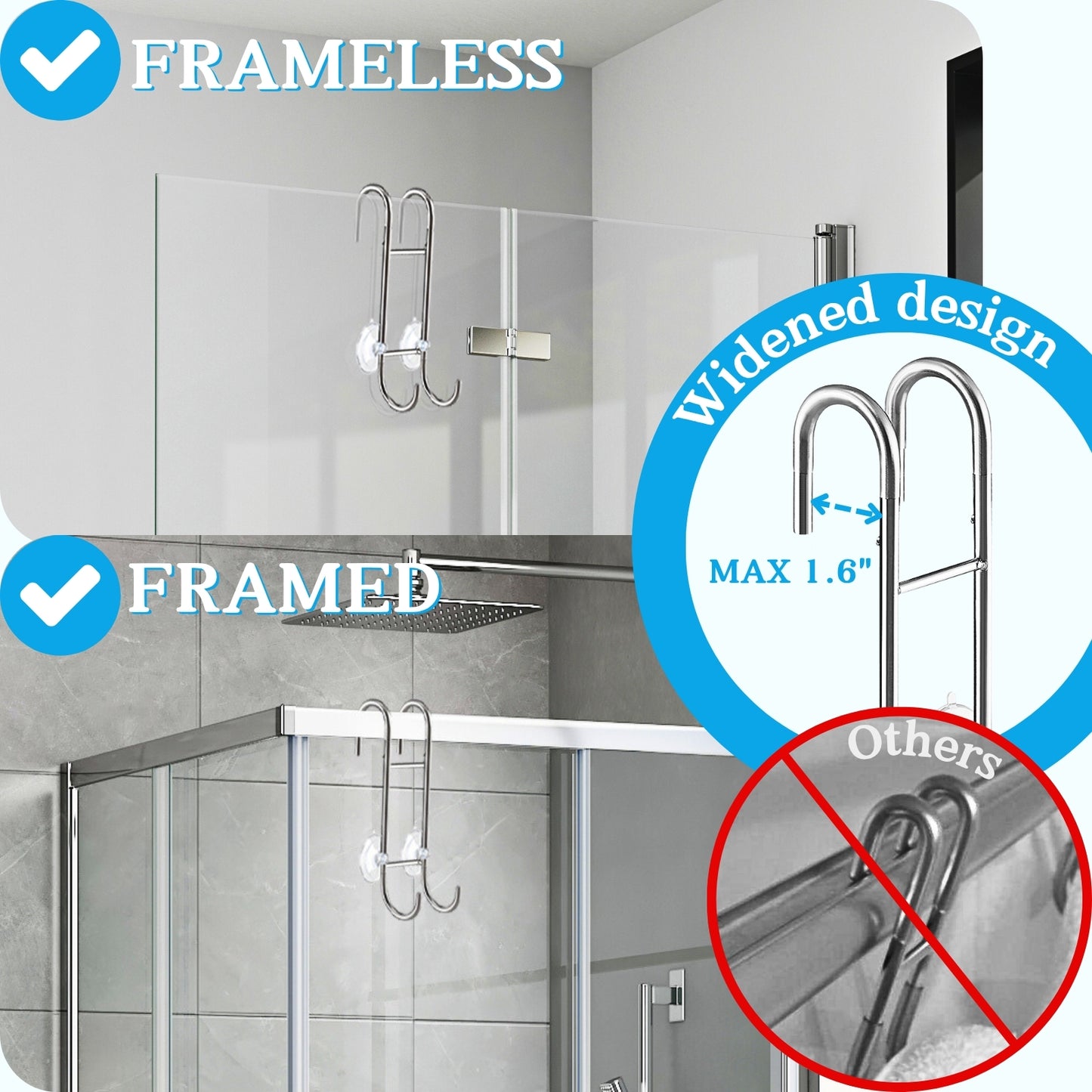 Shower Door Towel Hooks - 9"~13" Length Adjustable Hook for Framed & Frameless Over The Door Glass, Squeegee Holder, Towels Hanger for Bath Suits Rozer Robes Loofahs Shavers, 2-Pack Silver