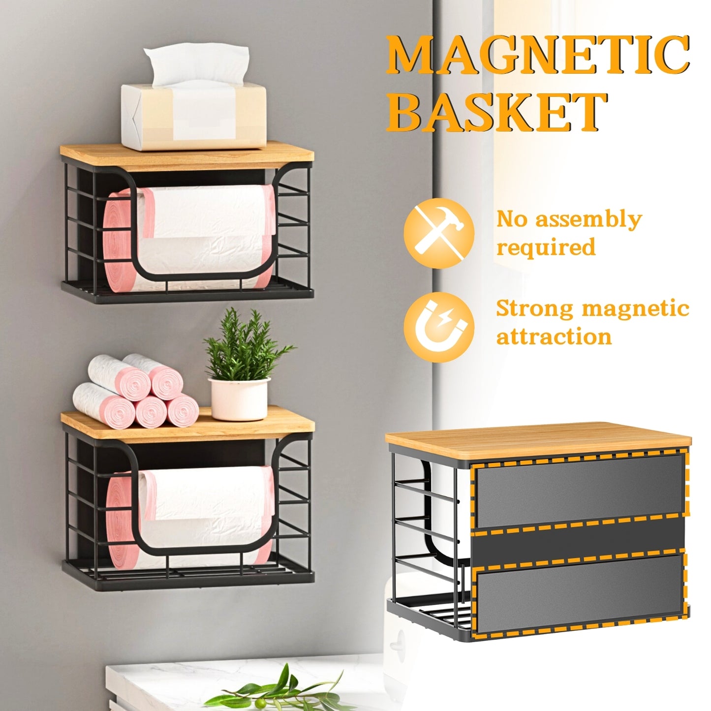 Magnetic Shelf for Fridge Trash Bag Organizer, 2 Pack Stackable Garbage Bag Holder with Bamboo Lid, Magnetic Storage Bin for Refrigerator, Under Sink, Kitchen, Pantry, Small Space Organization – Black