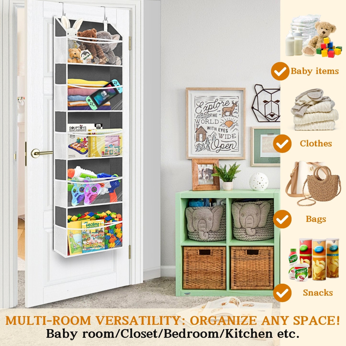Ofiray-home Over Door Organizer with 5 Large Pockets, 5 Transparent Front Pockets & 10 Mesh Side Pockets, 50 lbs Weight Capacity Hanging Storage for Toys, Shoes, Diapers, Pantry – Grey