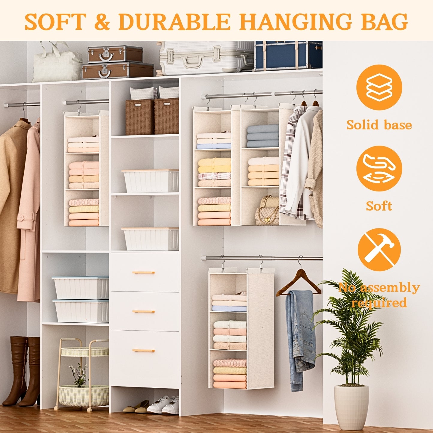 Ofiray-home Pure Cotton Dual Hanging Closet Organizer, 2-Pack 3-Tier Breathable Storage Bags for Wardrobe, RV, Nursery, Small Closets. Heavy-Duty 100% Cotton, Natural Beige