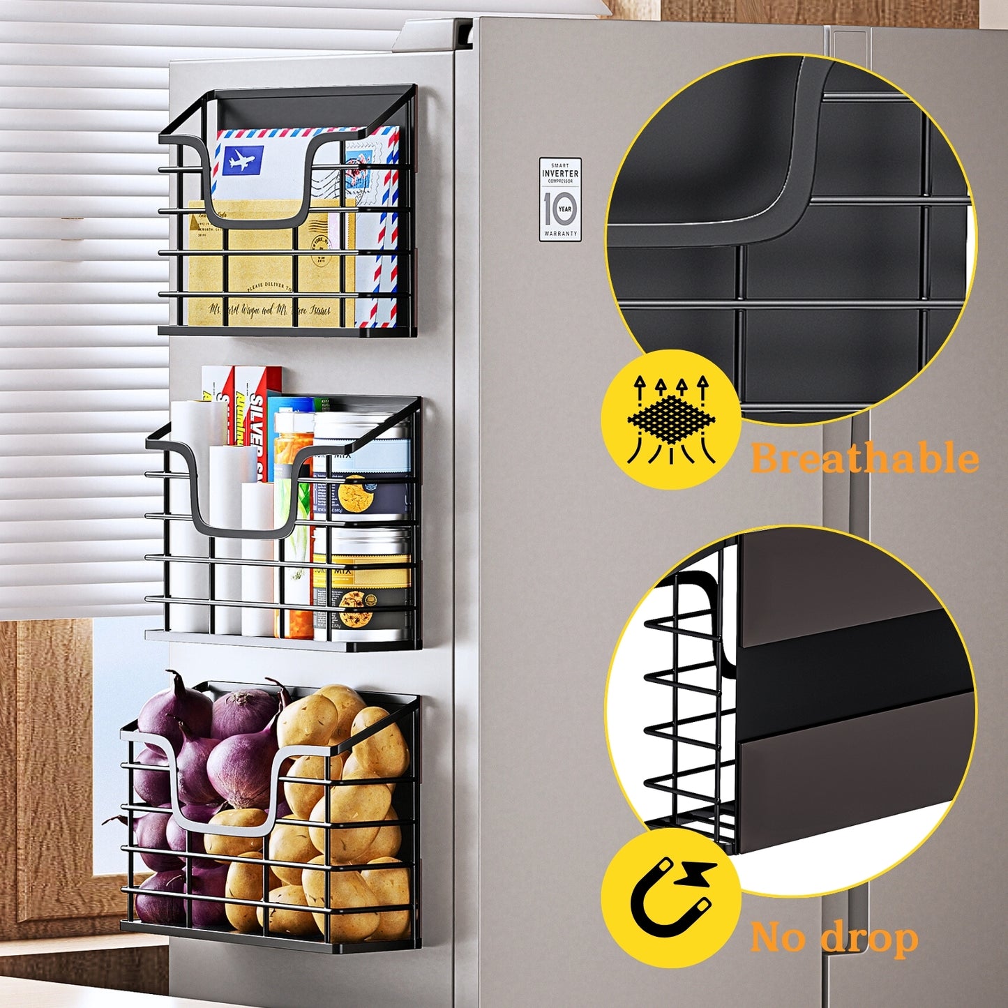 Magnetic Shelf for Fridge, 3 Pack Metal Fridge Organizer Baskets, Magnetic Cup Holder for Refrigerator, Fruit & Snack Storage, Magnetic Bin for Potatoes, Letters, Magazines, Kitchen & Laundry Room