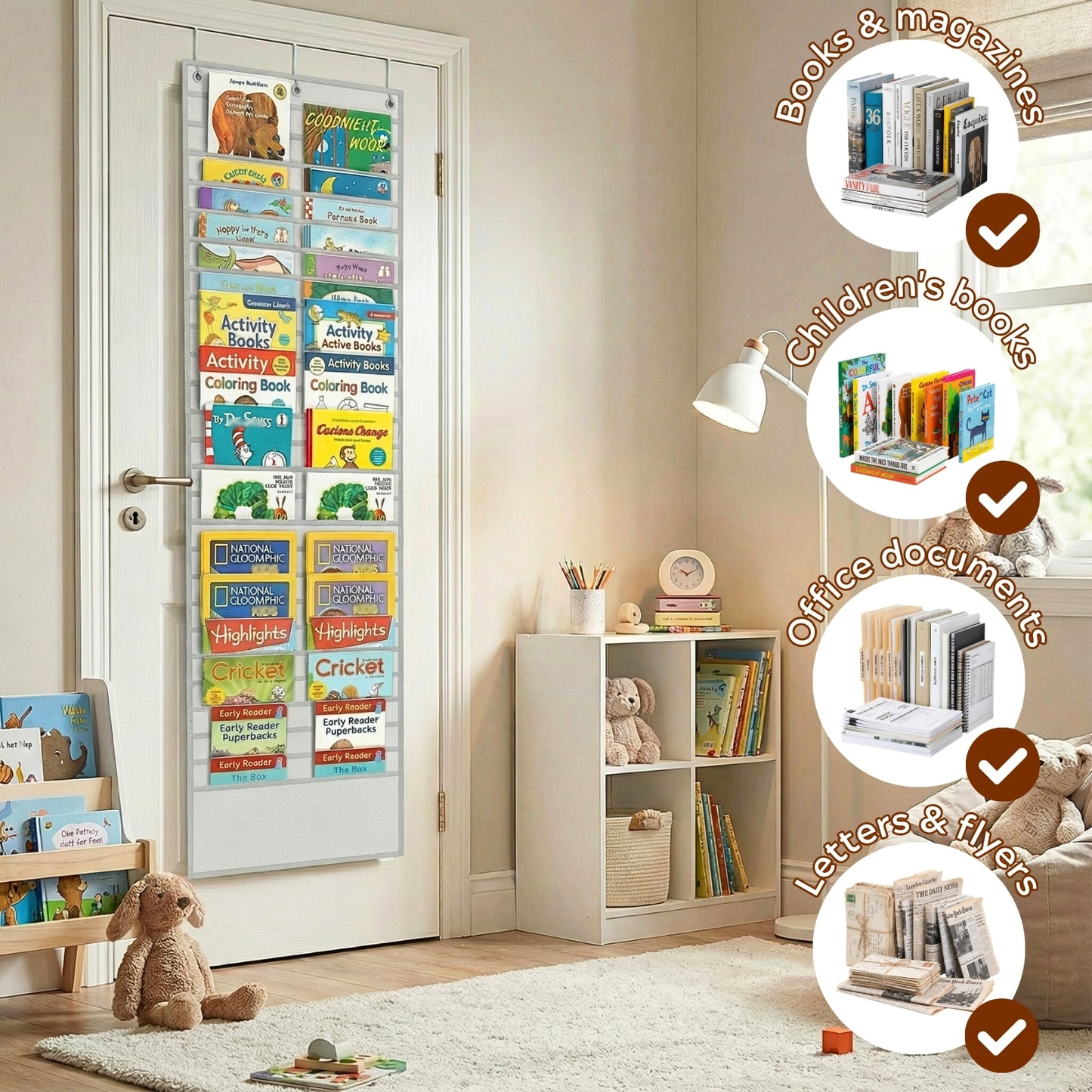 26-Pocket Over The Door File Organizer - Vertical Hanging Storage for Magazines, Documents & Paper, Heavy-Duty Door Organizer for Office, Classroom & Home