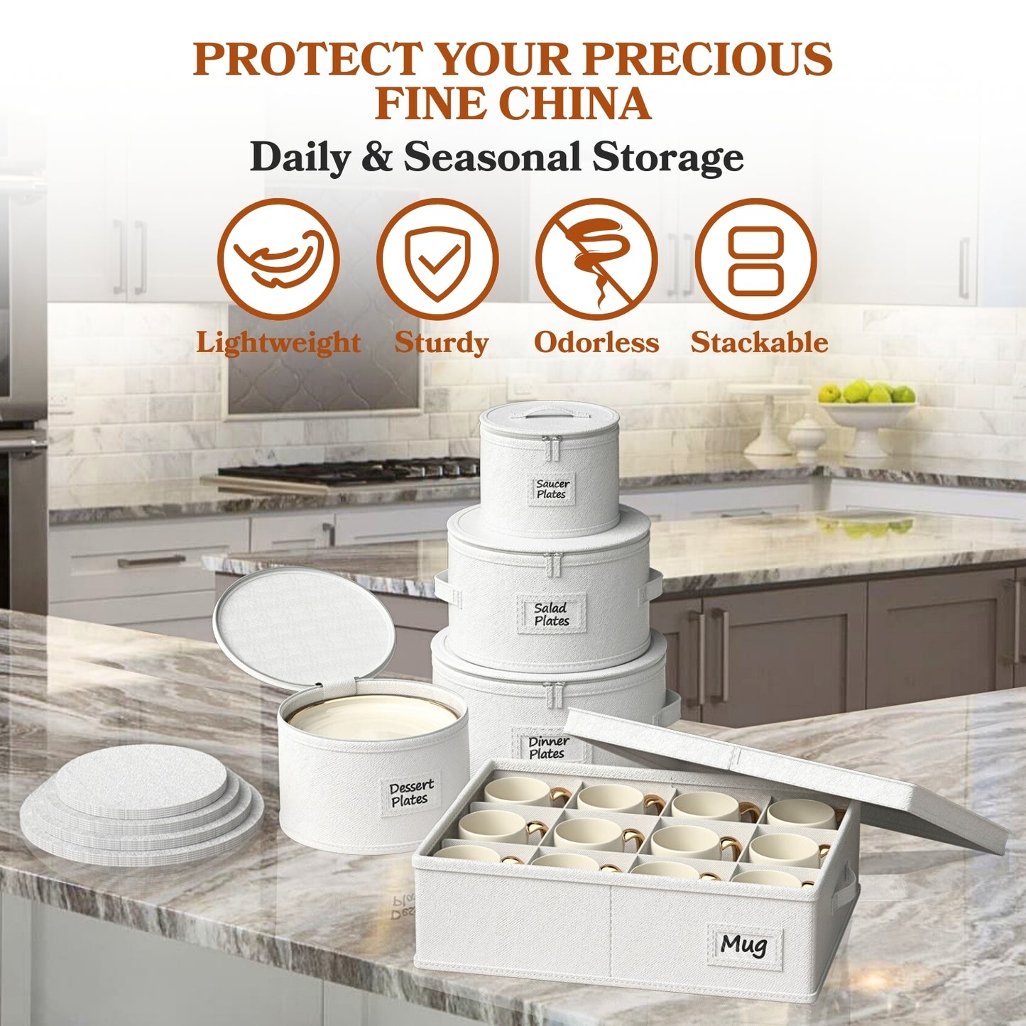 China Storage Containers, Hard Shell Dish Storage Containers with 48 Felt Dividers, 5 Piece Dish Organizers for Dinner Plates, Saucers & Mugs, Perfect for Seasonal Storage & Moving Supplies