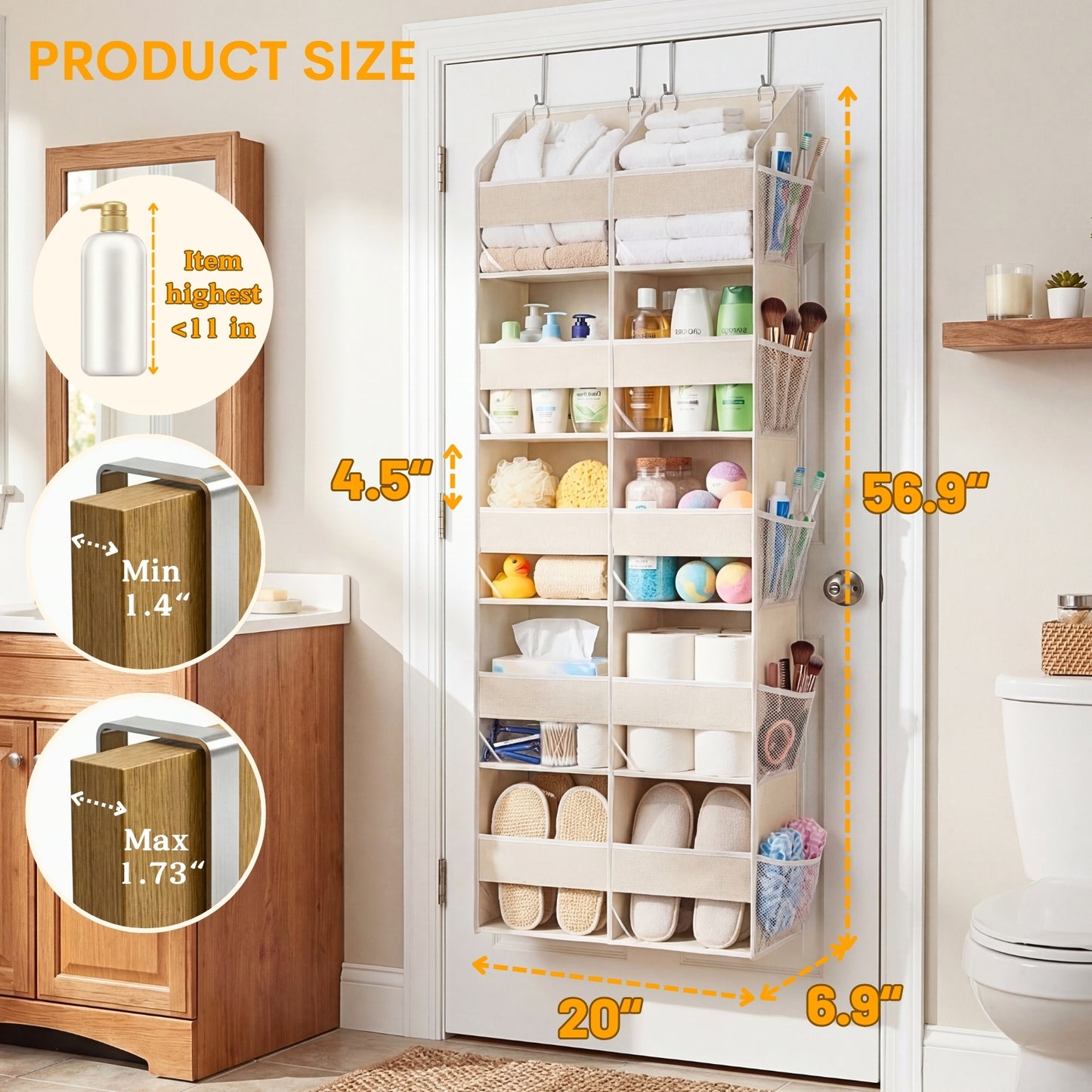 Over Door Organizer, 5-Tier Large Hanging Storage Organizer with 10 Mesh Side Pockets Behind Door Storage Shelf with Clear Windows for Kitchen Bathroom Bedroom Nursery, Toys, Diapers, Shoe