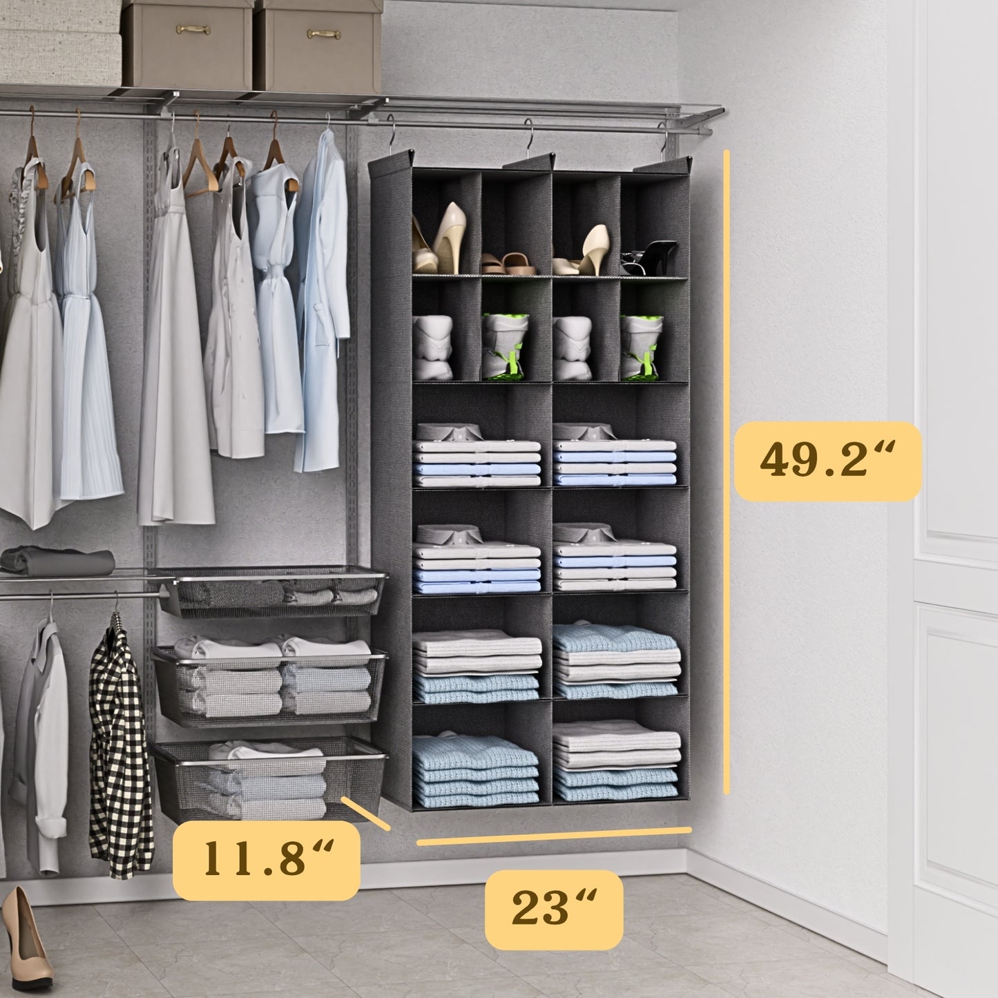 6 Tier Hanging Closet Organizer, 16 Compartments Sweater Organizer for Closet with 3 Sturdy Hooks, Closet Organizers and Storage, Wardrobe, Rv, Garment Rack, Grey