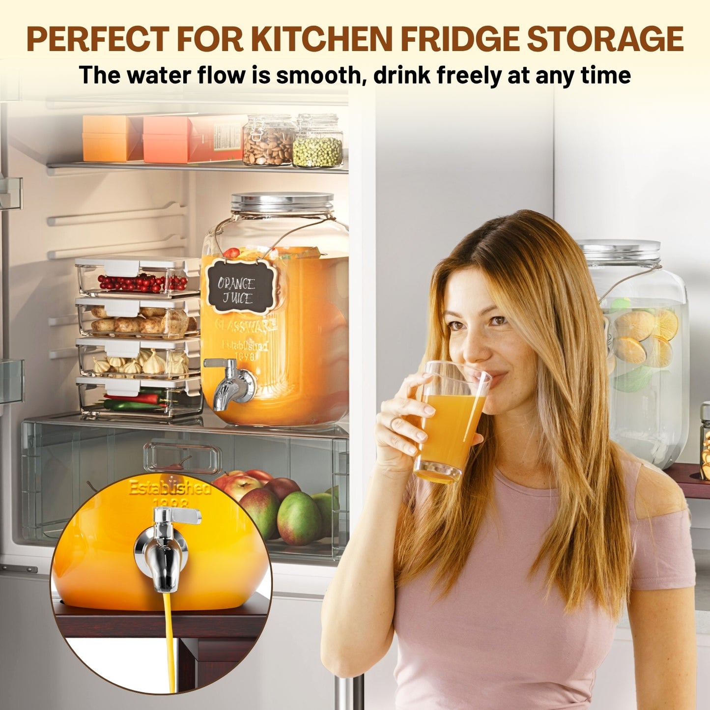 1 Gallon Drink Dispenser for Parties, 2 Pack Glass Beverage Dispenser with Solid Wood Stand, Stainless Steel Spigot, Leakproof Drink Dispenser with Chalkboard Labels for Lemonade, Juice, Tea & Picnic