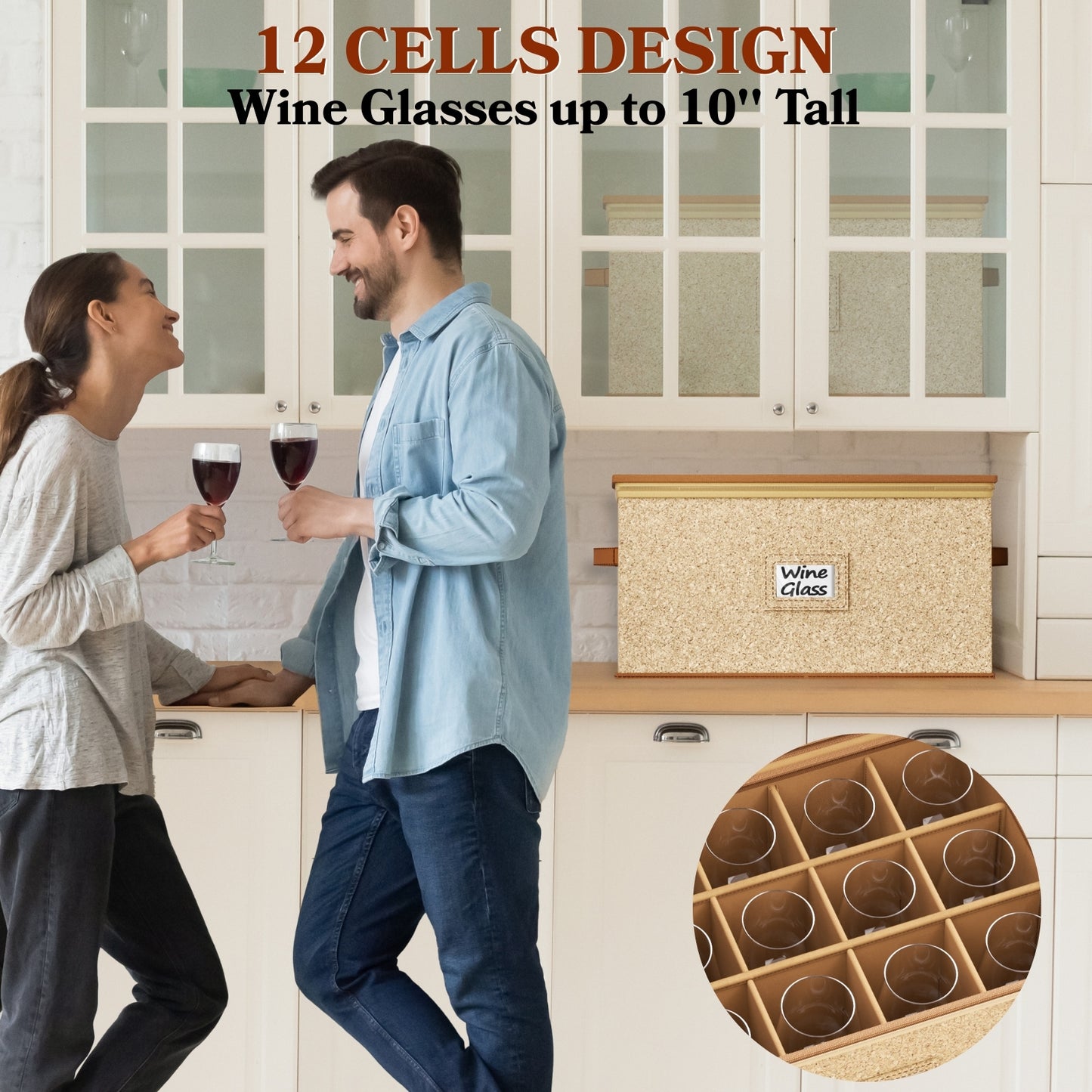 Wine Glass Storage Box with Dividers, Hard Shell, Stackable Glassware Storage Containers with Handles & Label, 10'' Tall Stemware Storage Cases for 12 Crystal Glasses Drinkware, Moving & Home Storage