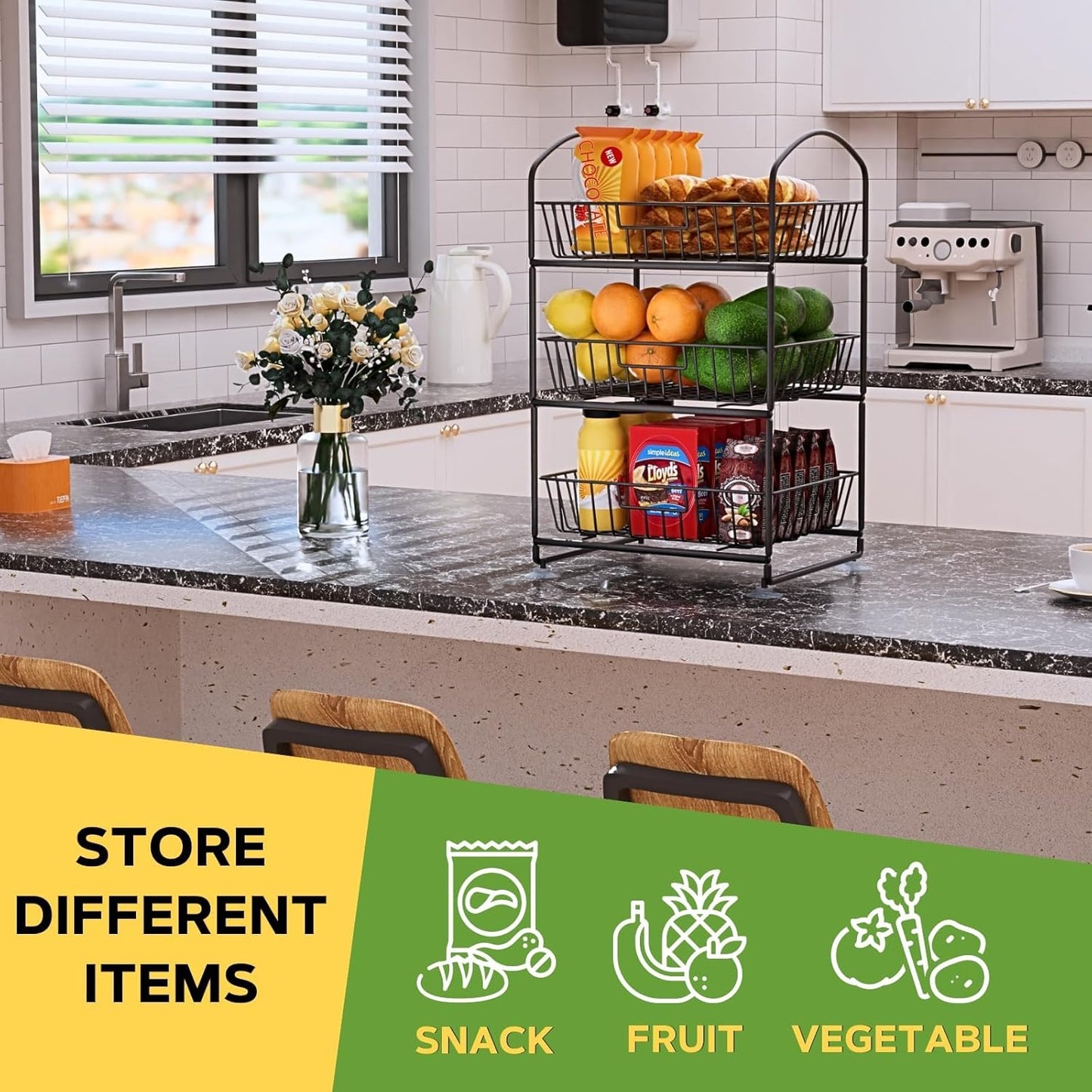 3 Tier Wire Baskets with 2 Banana Hangers, Detachable Countertop Fruit Vegetable Basket for Pantry Organization and Storage, Kitchen Counter Basket Stand for Storage Potato Onion Bread Snack Veggie