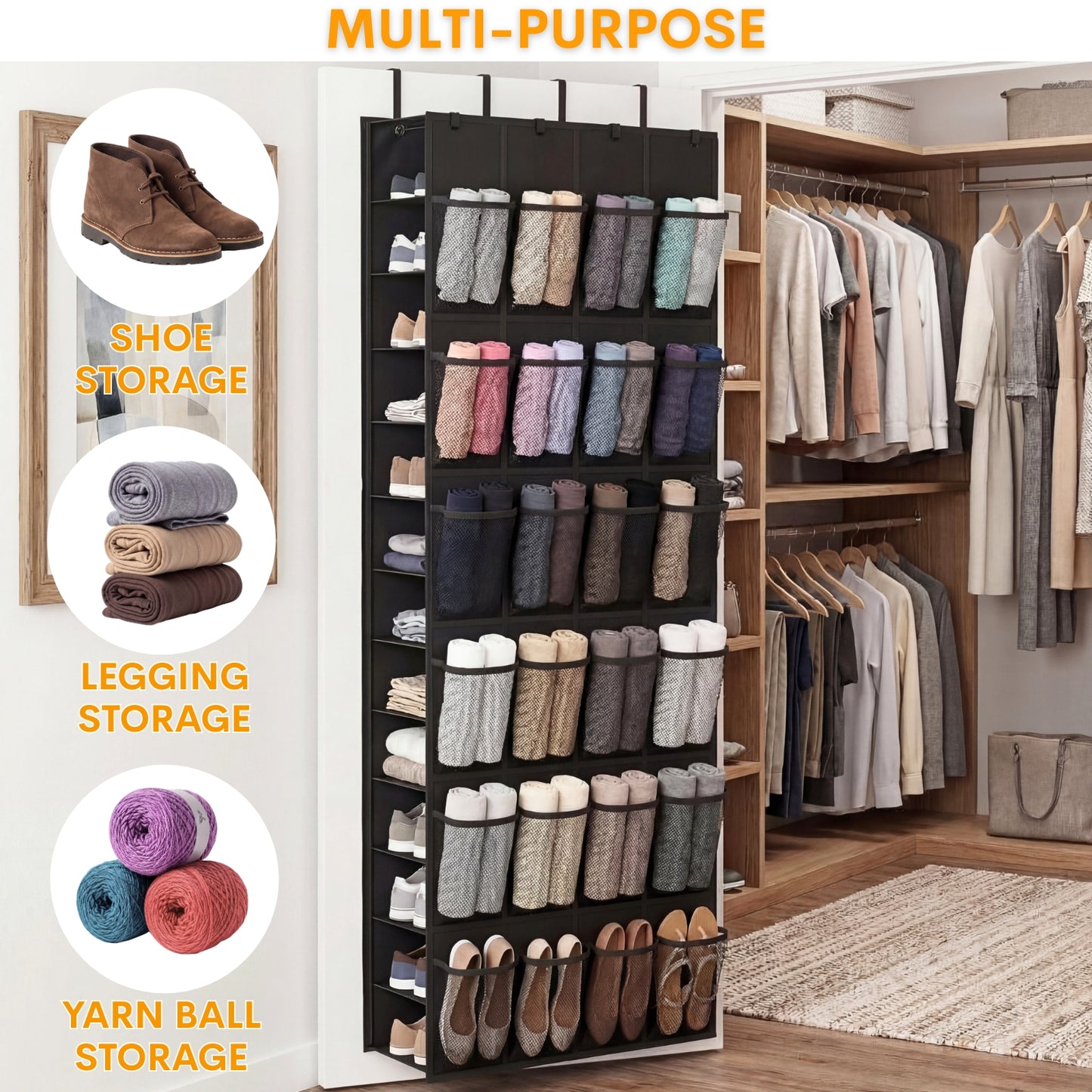 Over The Door Shoe Organizer, 50 Large Pockets Double-Sided Shoe Organizer for Closet Door, Hanging Shoe Storage Up to 50 Pairs, Mesh Front Pockets & Side Storage for Sneakers, Heels