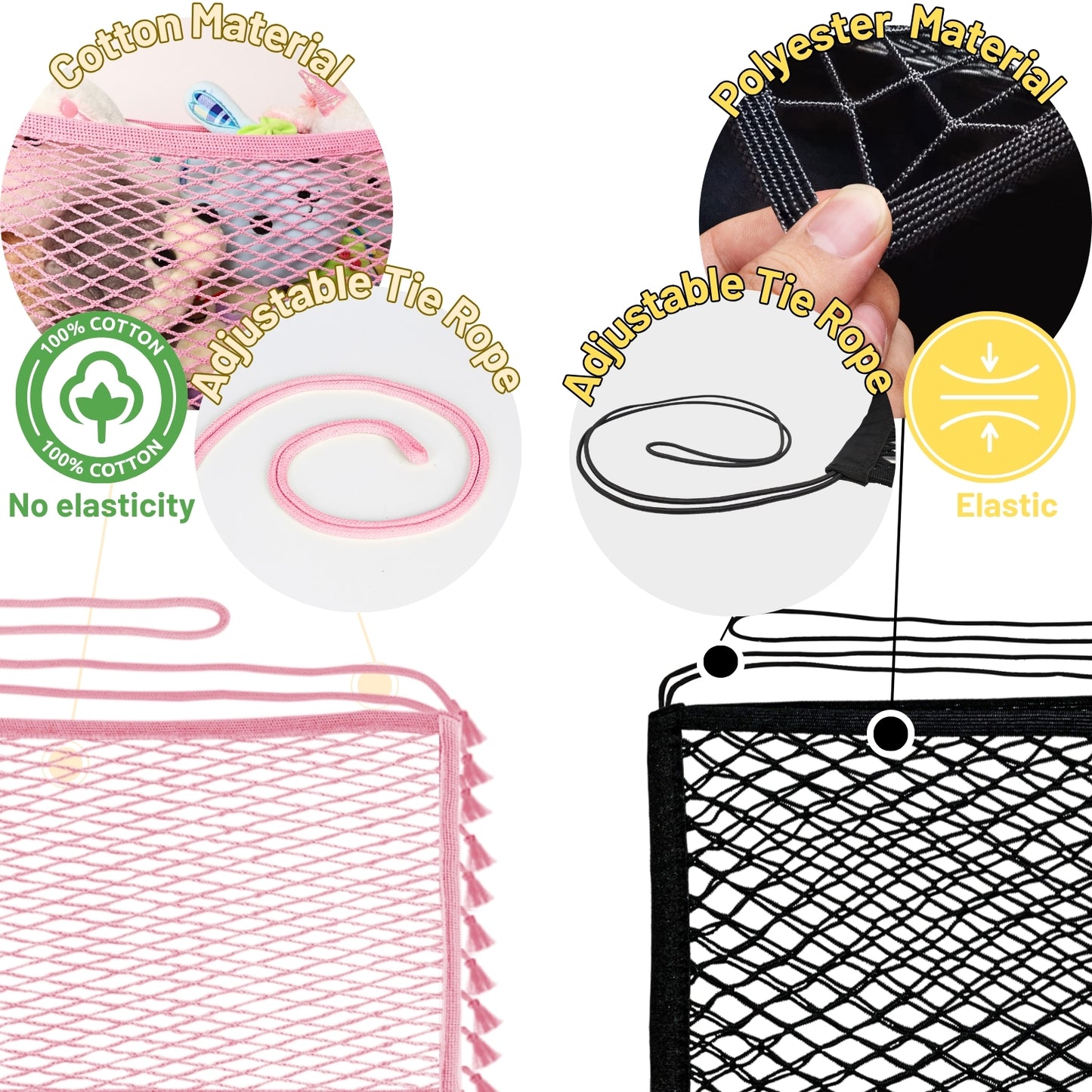 2 Pack Stuffed Animal Hammock, Bedside Stuffed Animal Storage Net Corner - Kids Nursery Wall Bedroom Home Decor, Cotton Bedside Toy Organizer Net with Tether, Stretches up to 32 in, Pink