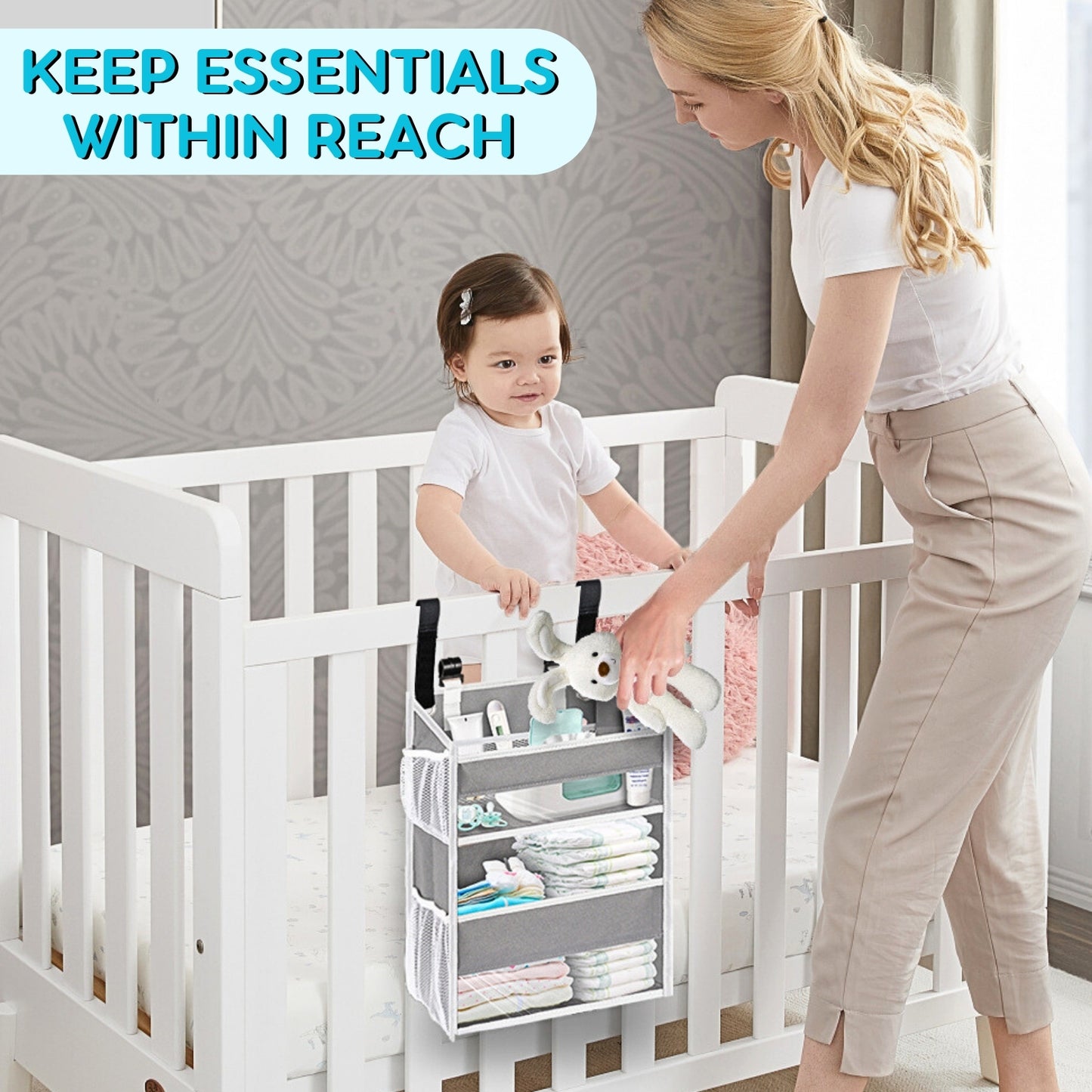 Ofiray-home Hanging Diaper Organizer for Changing Table,Cribs,Car,Playard or Wall & Nursery Organization-Durable 2-Tier Diaper Organizer with Mesh Pockets and Viewable Design, Won't Deform, Light Gray