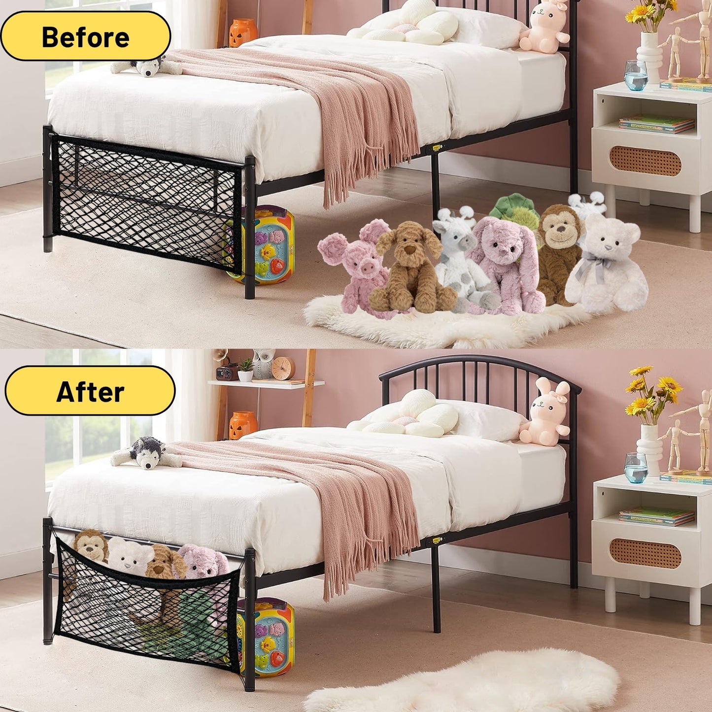 Stuffed Animal Storage Net for Kids, Bedside Toy Organizer Net - Neatly Store Your Stuffed Animals, Elastic Bedside Stuffed Animal Storage Net with Tether, Stretches up to 32 Inches, Black