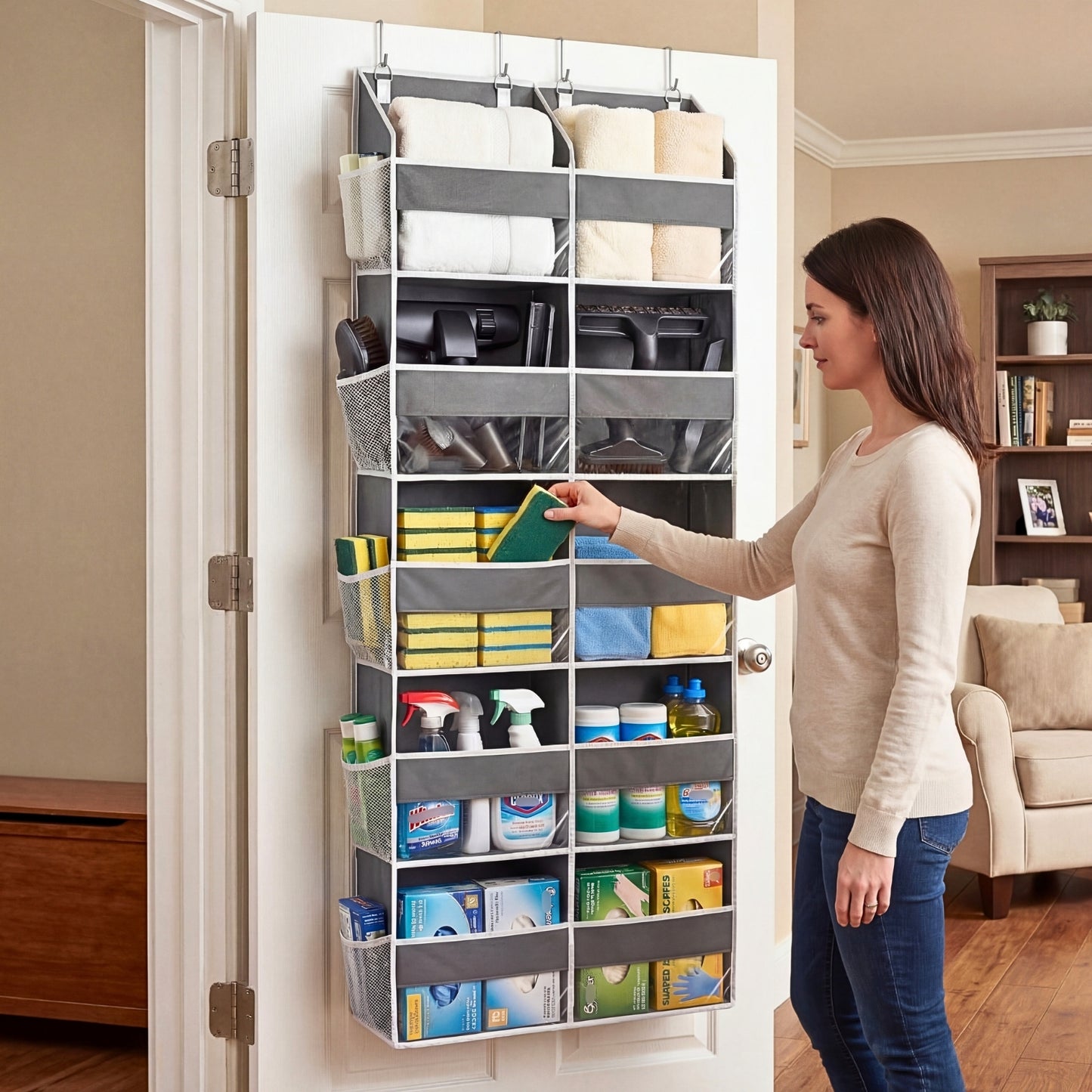 Over Door Organizer, 5-Tier Large Hanging Storage Organizer with 10 Mesh Side Pockets Behind Door Storage Shelf with Clear Windows for Kitchen Bathroom Bedroom Nursery, Toys, Diapers, Shoe