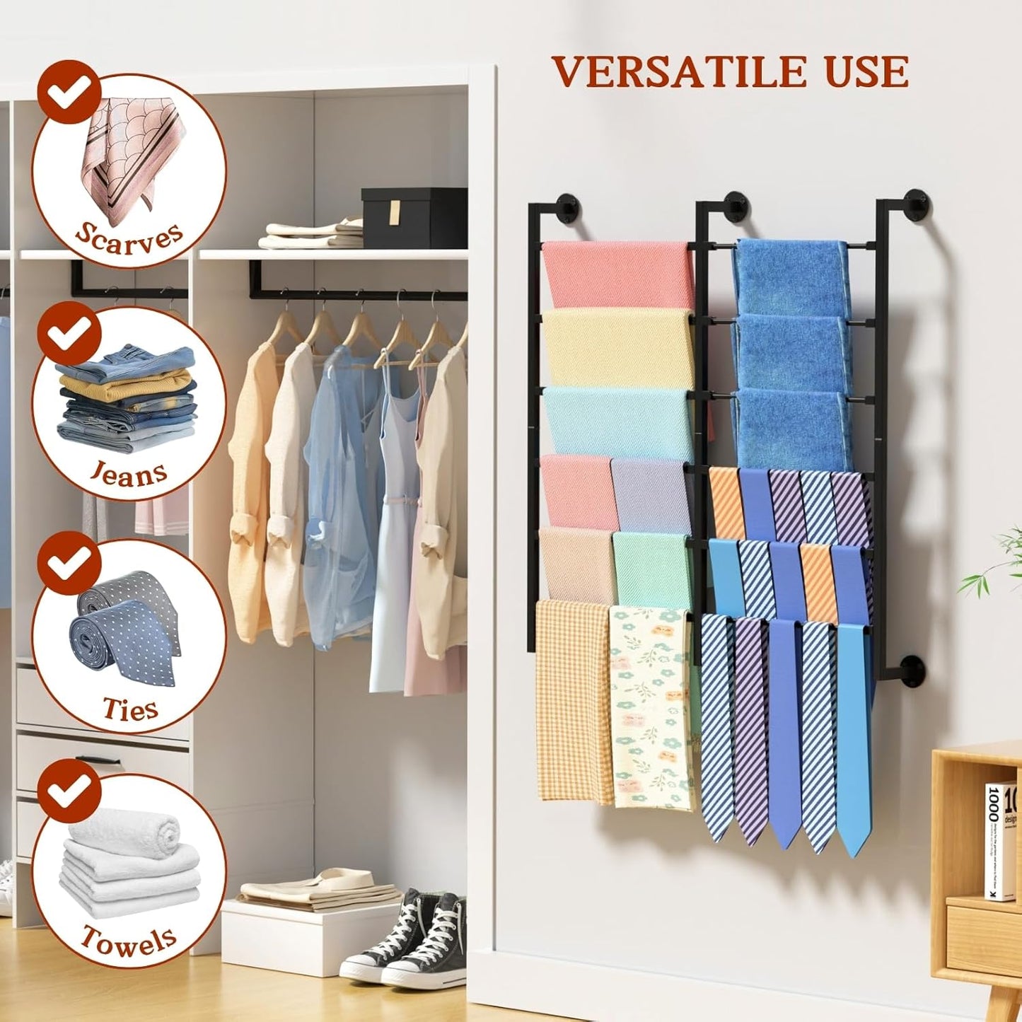 Double 6-Tier Ribbon Storage Organizer, Large Capacity Wall Mount Ribbon Organizer with 12 Removable Rods, Gift Bag Yarn Storage Holder for Craft Room, Flower Shop, DIY Supplies - Metal