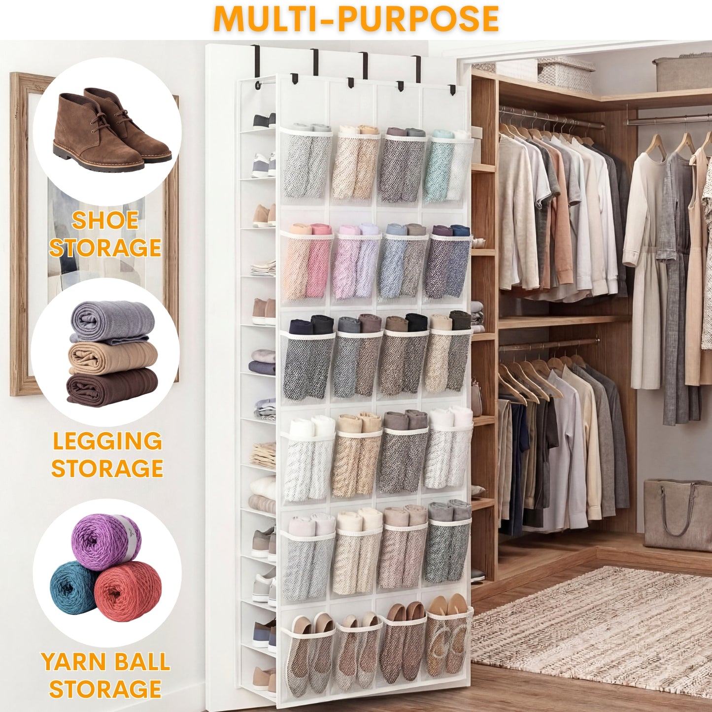 Over The Door Shoe Organizer, 50 Large Pockets Double-Sided Shoe Organizer for Closet Door, Hanging Shoe Storage Up to 50 Pairs, Mesh Front Pockets & Side Storage for Sneakers, Heels