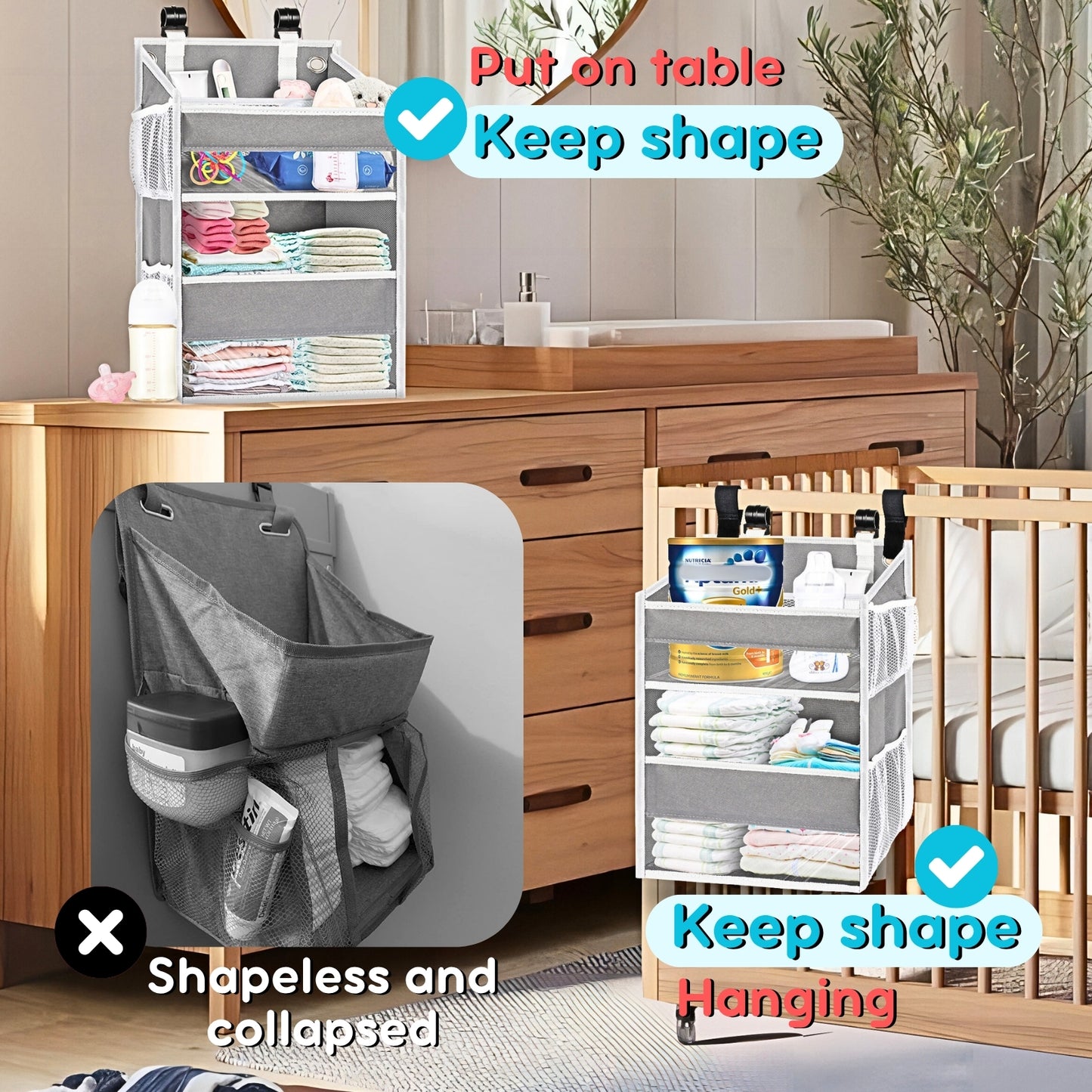 Ofiray-home Hanging Diaper Organizer for Changing Table,Cribs,Car,Playard or Wall & Nursery Organization-Durable 2-Tier Diaper Organizer with Mesh Pockets and Viewable Design, Won't Deform, Light Gray