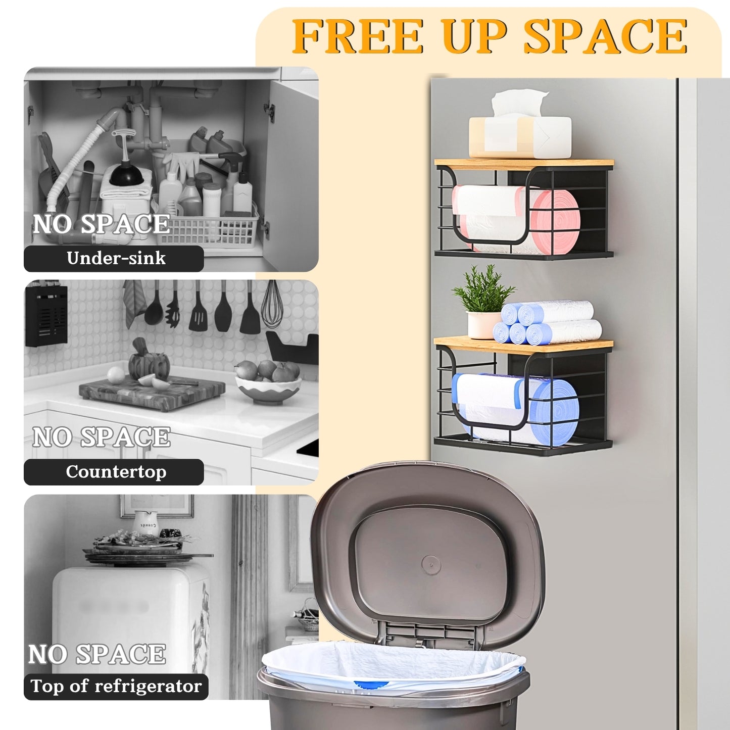 Magnetic Shelf for Fridge Trash Bag Organizer, 2 Pack Stackable Garbage Bag Holder with Bamboo Lid, Magnetic Storage Bin for Refrigerator, Under Sink, Kitchen, Pantry, Small Space Organization – Black