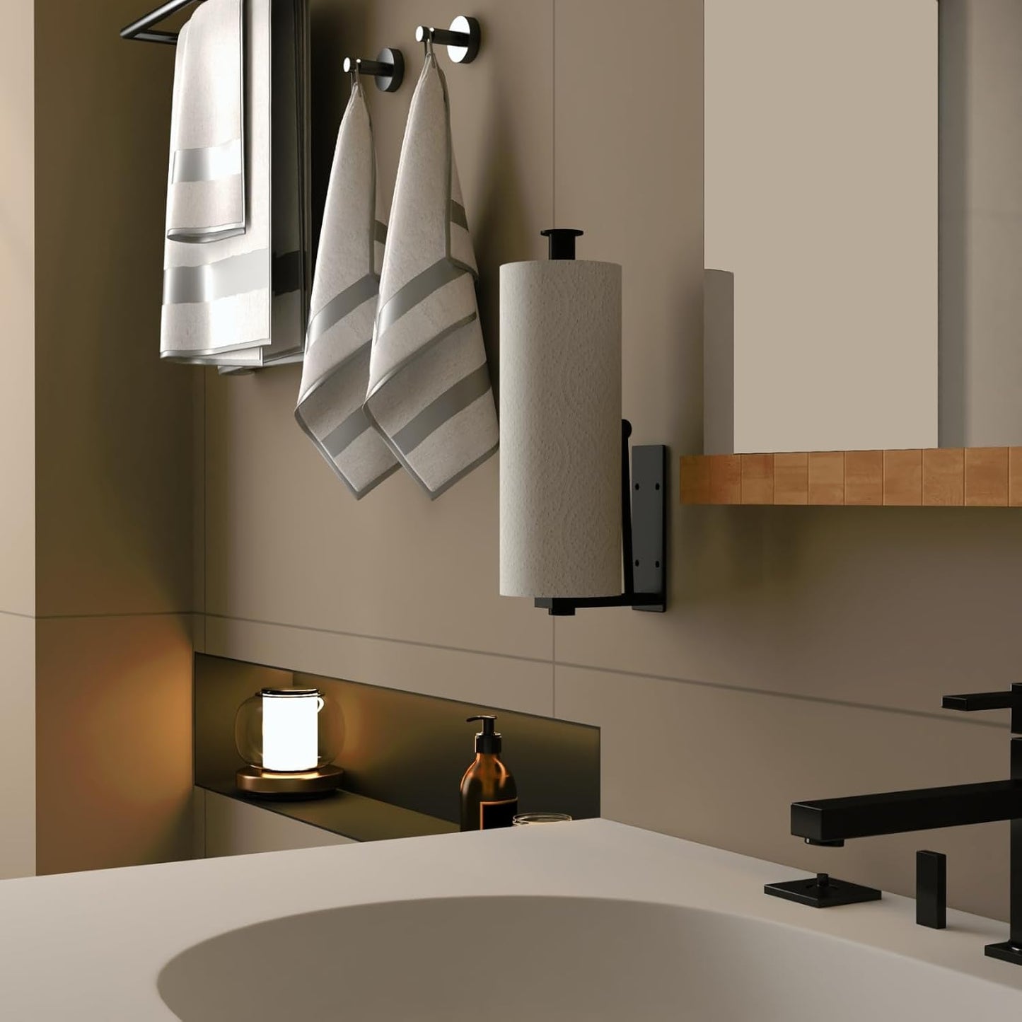 Upgraded Kitchen Paper Towel Holder - One-Hand Tear Under Cabinet Stick-on Towel Rack for Hanging Paper - First Apartment Essentials Wall Mount Self Adhesive Stainless Steel Rack Fits Black