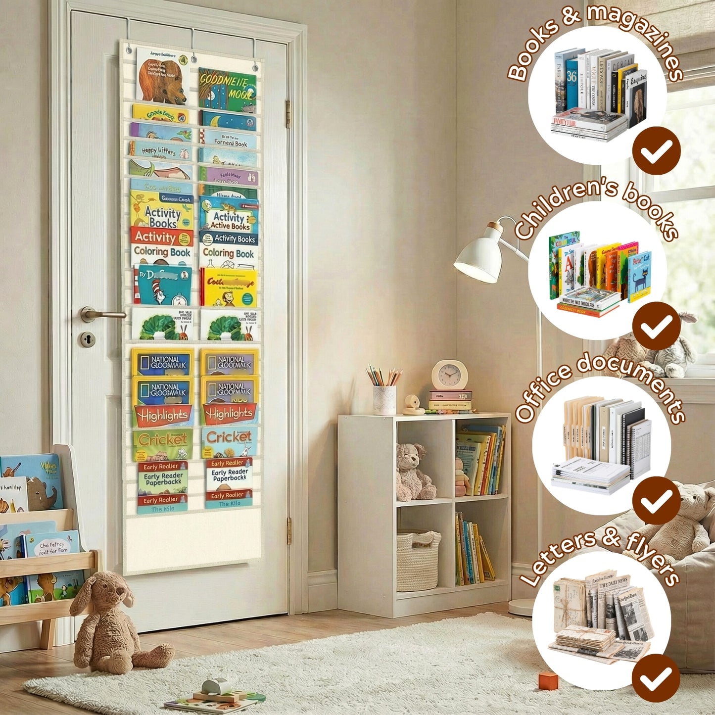 26-Pocket Over The Door File Organizer - Vertical Hanging Storage for Magazines, Documents & Paper, Heavy-Duty Door Organizer for Office, Classroom & Home