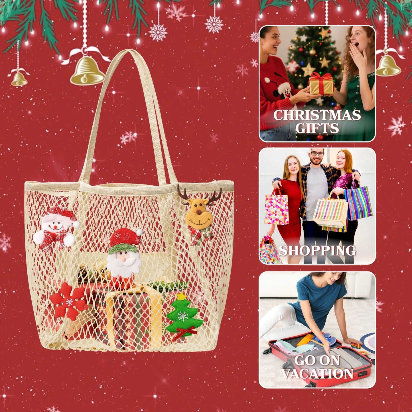 Ofiray-home Ofiray-home Cotton Christmas Tote Bag, Mesh Tote Bag Hobo with Large Interior Pocket