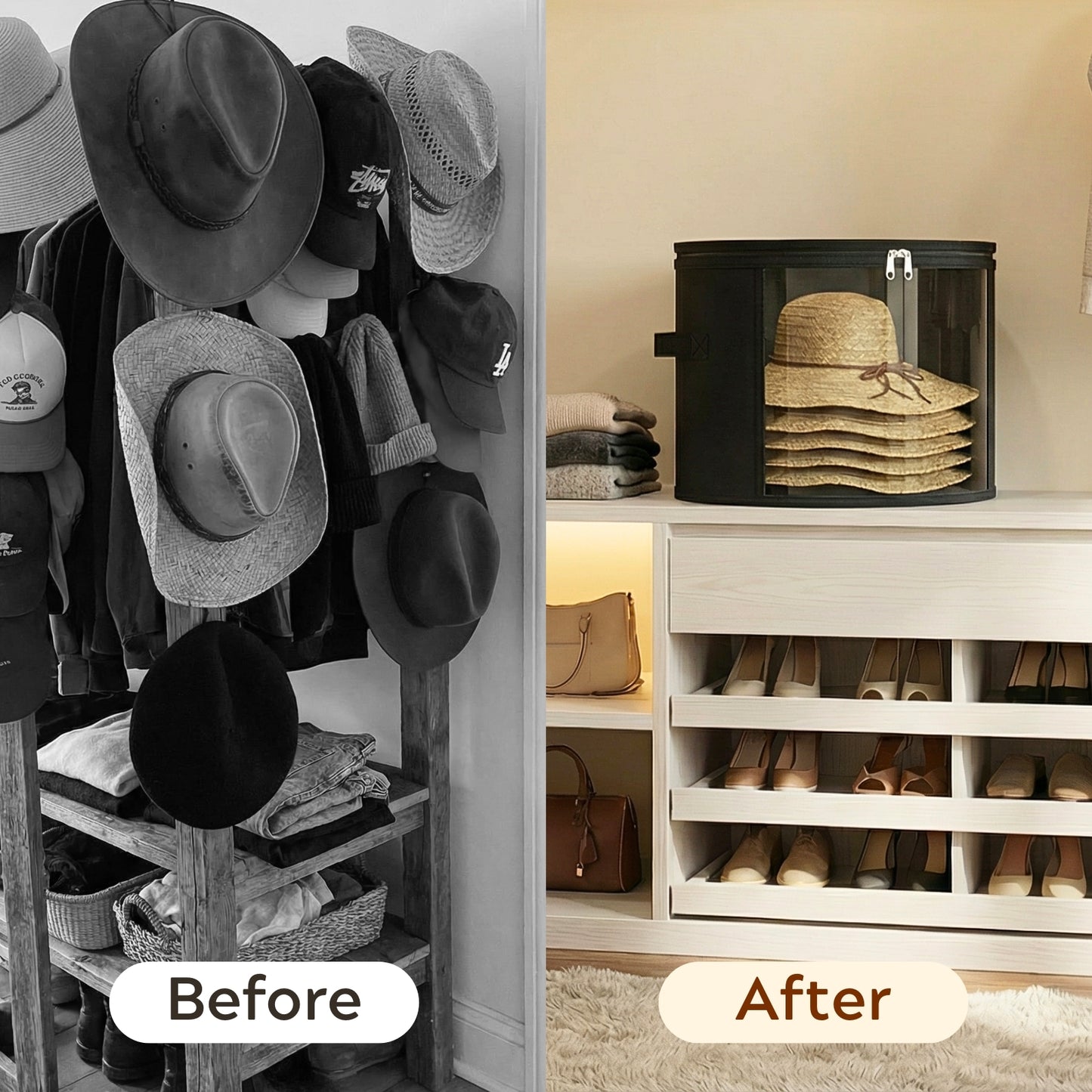 Ofiray-home 2 Pack Large Clear Hat Storage Boxes, Hold up to 7-9 Hats, Hat Organizer for Closet, Sturdy & Foldable, Hat Box with Carrying Handles for Round Brim, Wide-Brim, Cowboy, Sun Hat