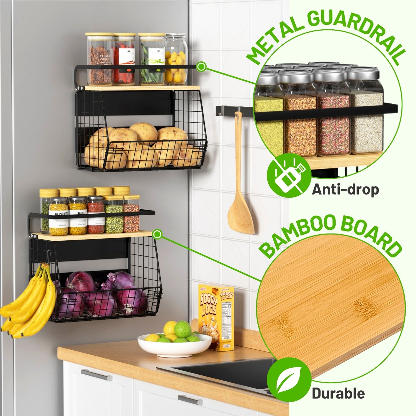 Magnetic Shelf for Refrigerator with Wood Lid, Fruit Potato & Onion Storage Bins, Pantry Organizers & Storage, Large Container Magnetic Spice Rack for Refrigerator, Kitchen Counter, Cabinet