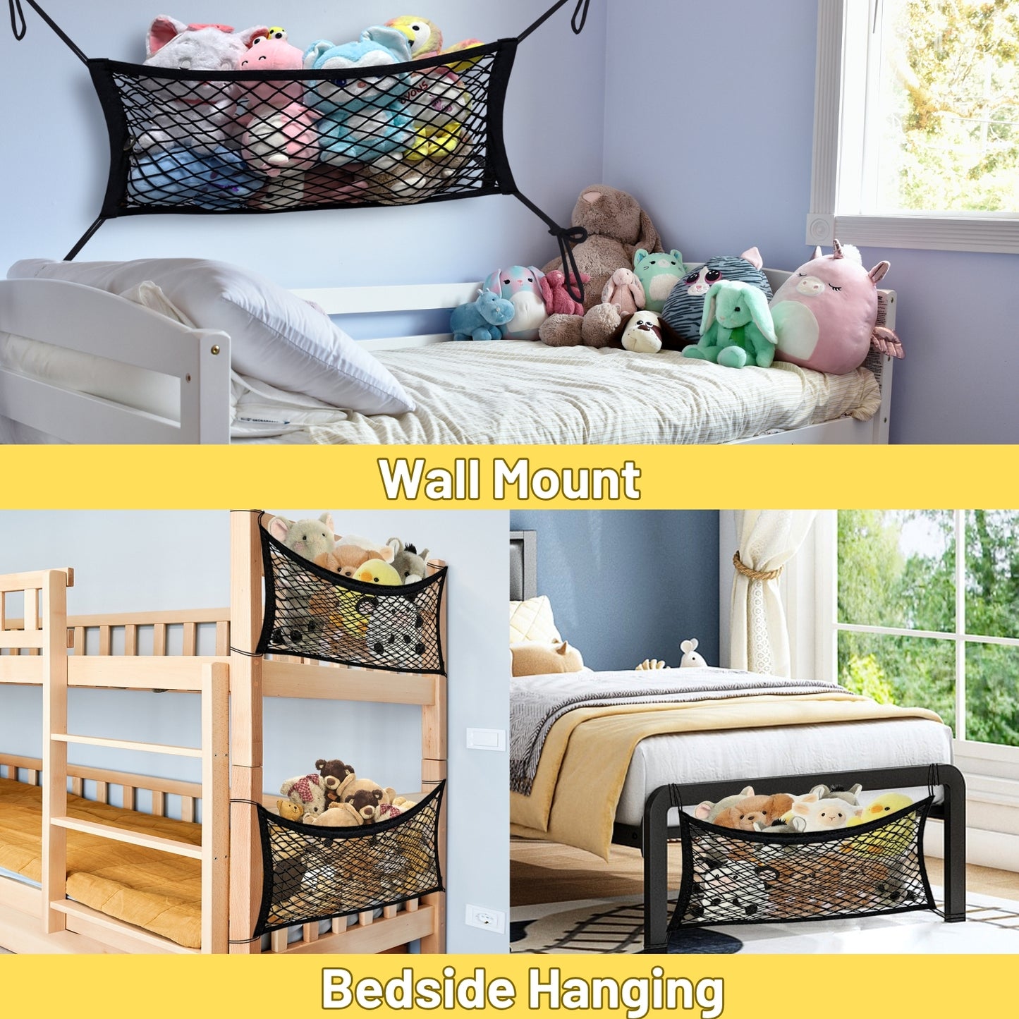 Stuffed Animal Storage Net for Kids, Bedside Toy Organizer Net - Neatly Store Your Stuffed Animals, Elastic Bedside Stuffed Animal Storage Net with Tether, Stretches up to 32 Inches, Black