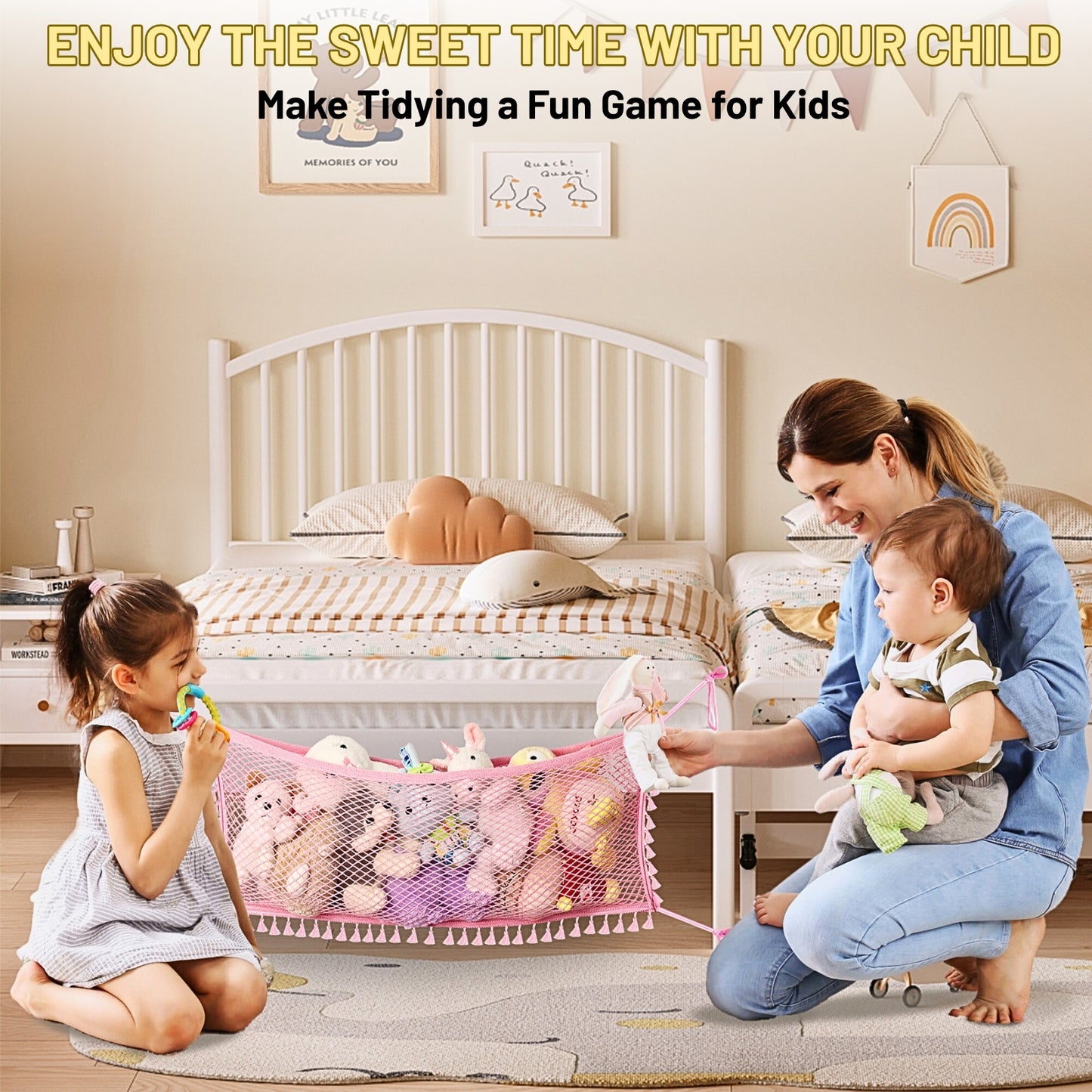 2 Pack Stuffed Animal Hammock, Bedside Stuffed Animal Storage Net Corner - Kids Nursery Wall Bedroom Home Decor, Cotton Bedside Toy Organizer Net with Tether, Stretches up to 32 in, Pink