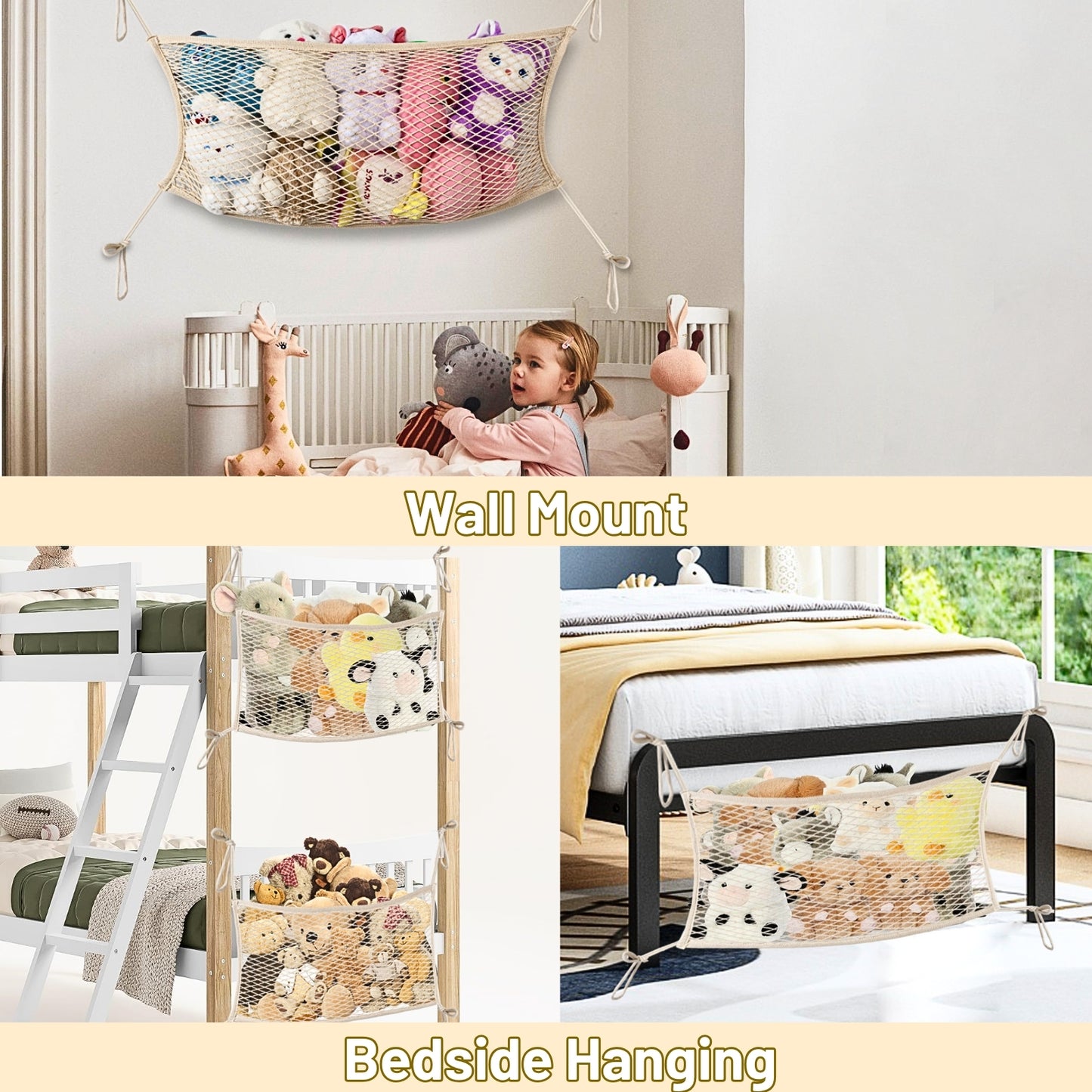 Stuffed Animal Storage Net for Kids, Bedside Toy Organizer Net - Neatly Store Your Stuffed Animals, Cotton Bedside Stuffed Animal Storage Net with Tether, Stretches up to 35 Inches, Beige