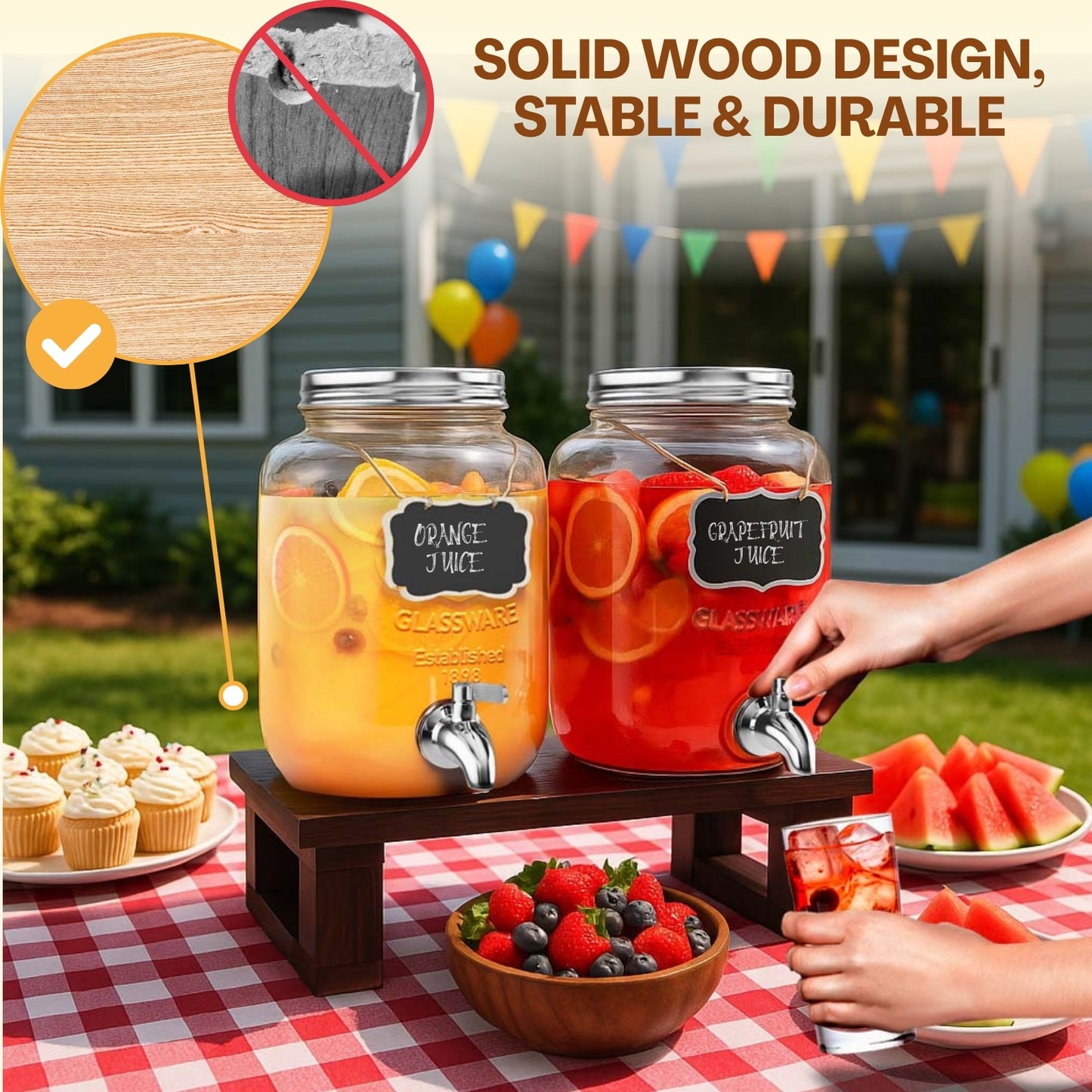 1 Gallon Drink Dispenser for Parties, 2 Pack Glass Beverage Dispenser with Solid Wood Stand, Stainless Steel Spigot, Leakproof Drink Dispenser with Chalkboard Labels for Lemonade, Juice, Tea & Picnic