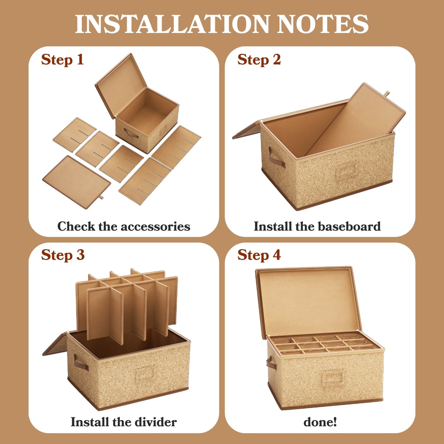 Wine Glass Storage Box with Dividers, Hard Shell, Stackable Glassware Storage Containers with Handles & Label, 10'' Tall Stemware Storage Cases for 12 Crystal Glasses Drinkware, Moving & Home Storage