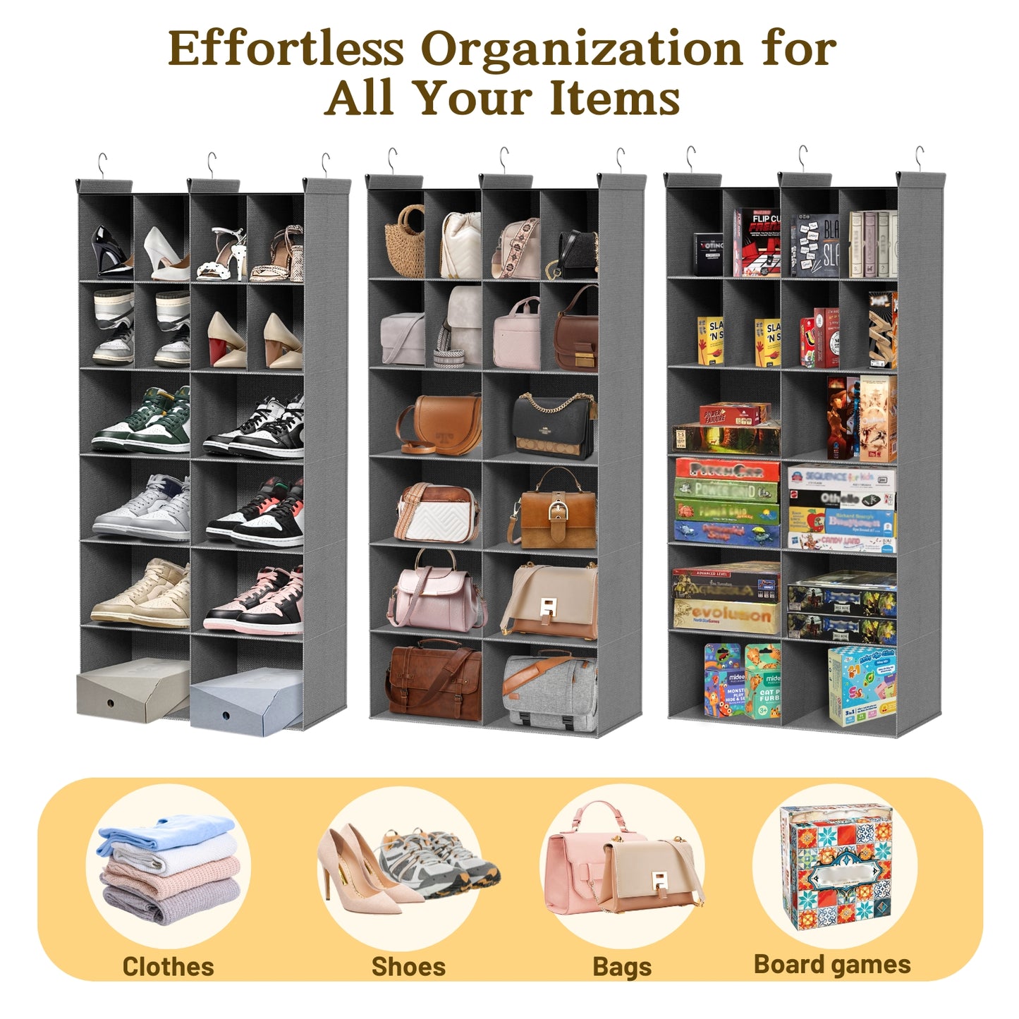 6 Tier Hanging Closet Organizer, 16 Compartments Sweater Organizer for Closet with 3 Sturdy Hooks, Closet Organizers and Storage, Wardrobe, Rv, Garment Rack, Grey