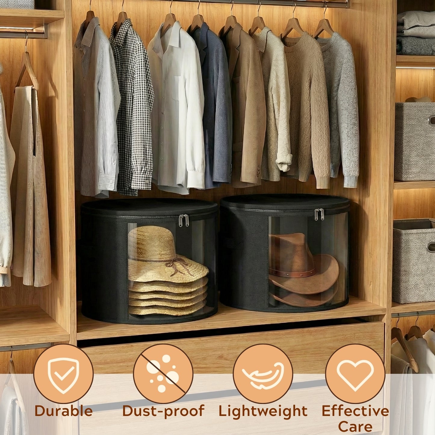 Ofiray-home 2 Pack Large Clear Hat Storage Boxes, Hold up to 7-9 Hats, Hat Organizer for Closet, Sturdy & Foldable, Hat Box with Carrying Handles for Round Brim, Wide-Brim, Cowboy, Sun Hat