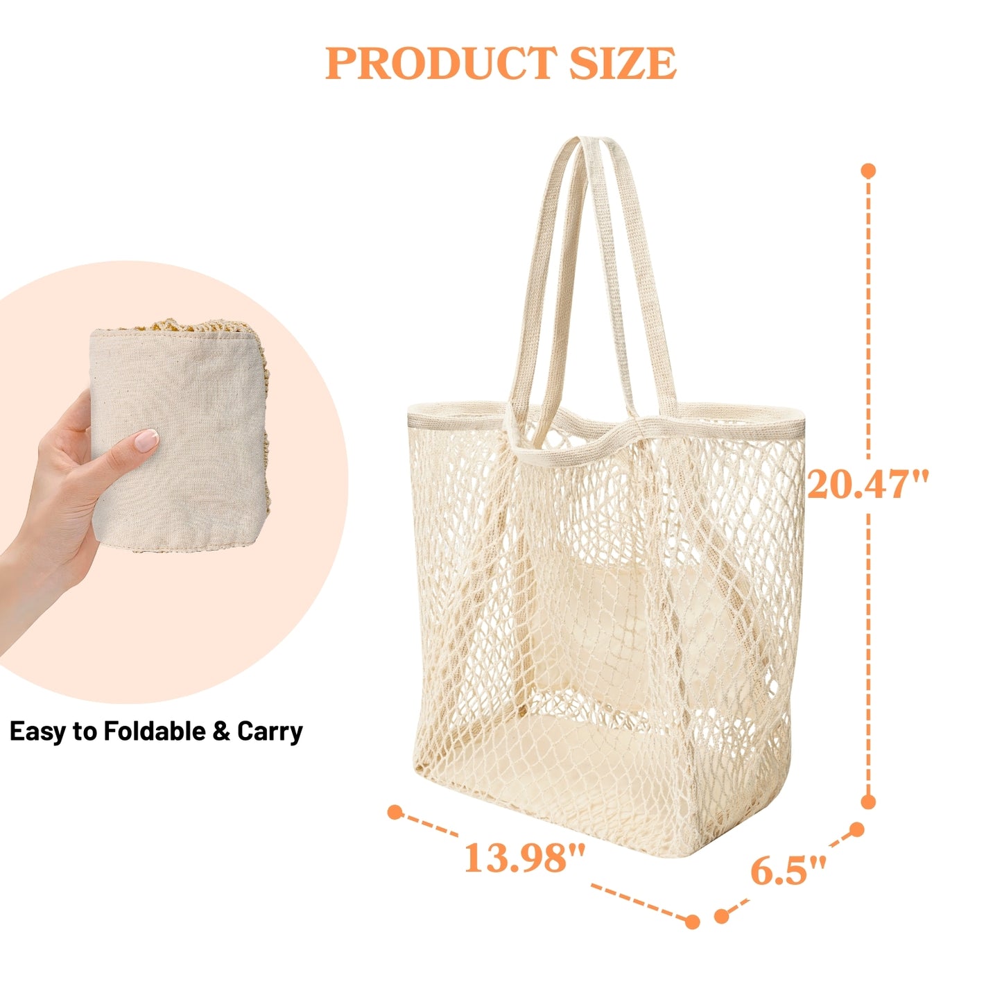 Pure Cotton Tote Bags for Women, Stylish Mesh Tote Bag Hobo, Reusable Mesh Grocery Bags, 2-in-1 Shoulder Bag with Large Inner Pocket, Essential for Picnic/Travel/Beach Vacation/Daily Shopping - Beige
