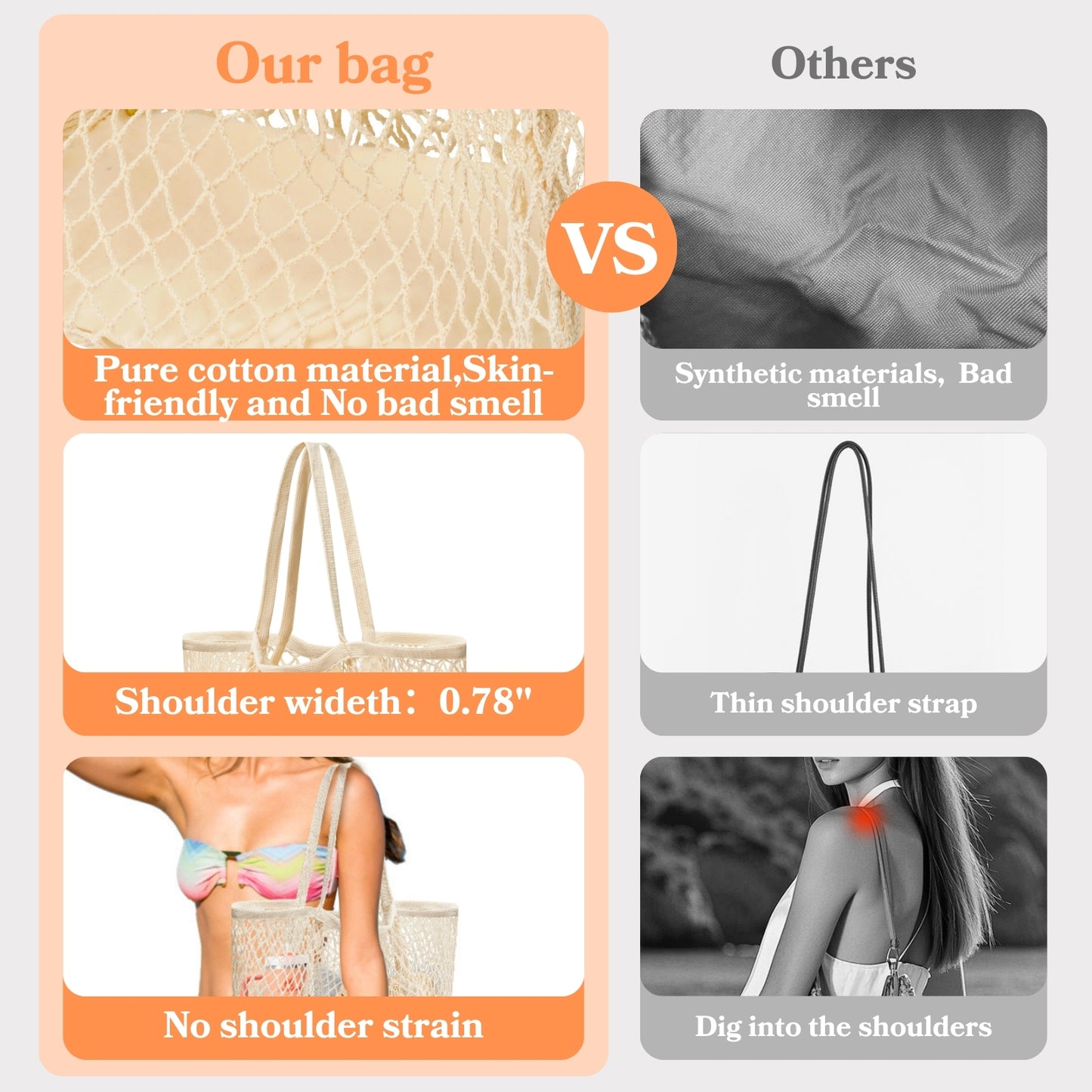 Pure Cotton Tote Bags for Women, Stylish Mesh Tote Bag Hobo, Reusable Mesh Grocery Bags, 2-in-1 Shoulder Bag with Large Inner Pocket, Essential for Picnic/Travel/Beach Vacation/Daily Shopping - Beige