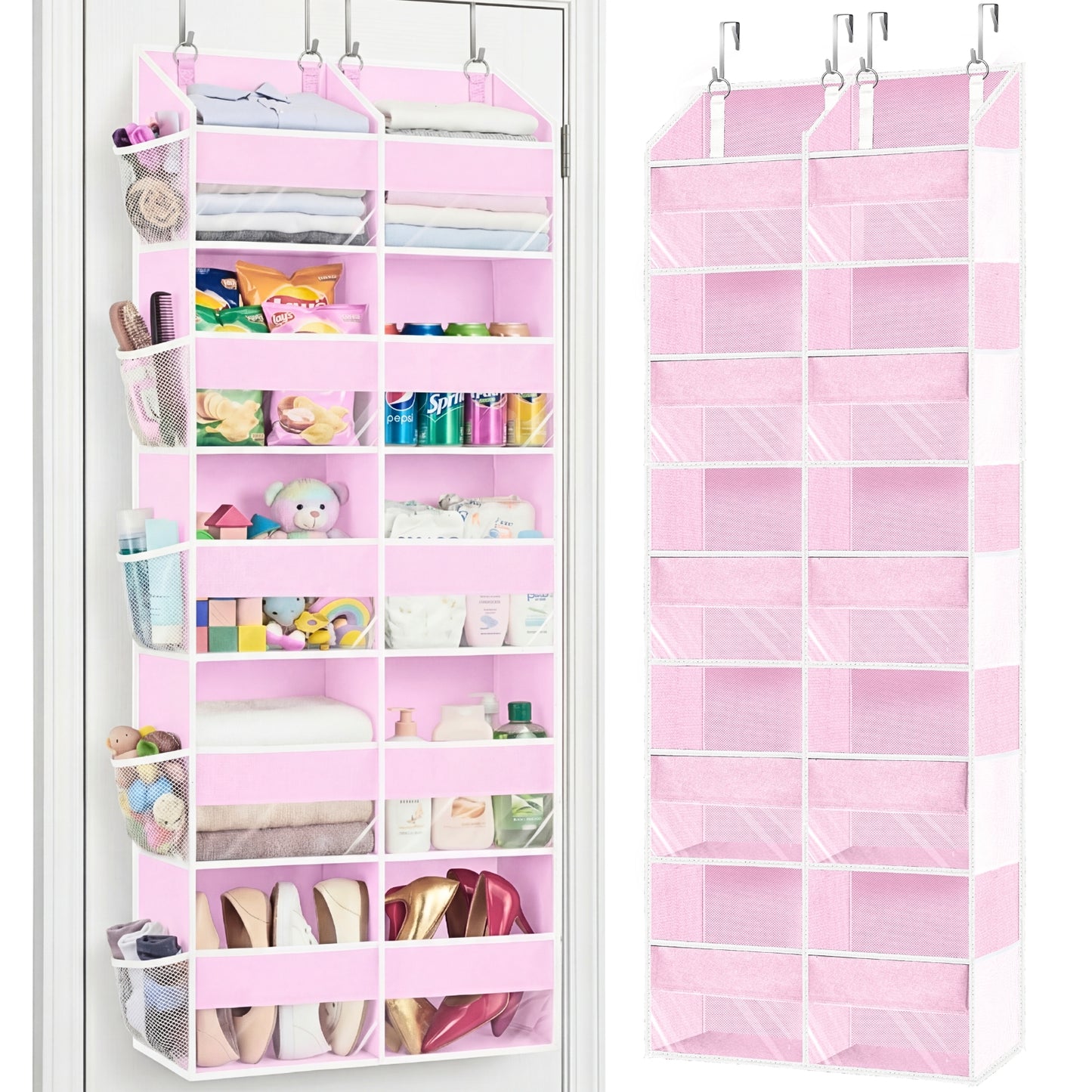 Over Door Organizer, 5-Tier Large Hanging Storage Organizer with 10 Mesh Side Pockets Behind Door Storage Shelf with Clear Windows for Kitchen Bathroom Bedroom Nursery, Toys, Diapers, Shoe