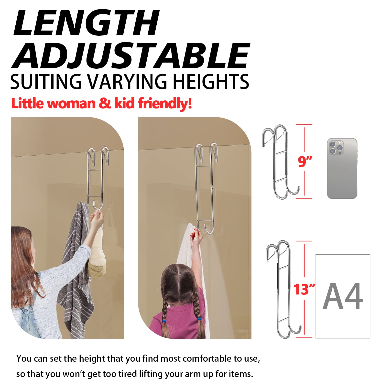 Shower Door Towel Hooks - 9~13 Length Adjustable Hook for Framed