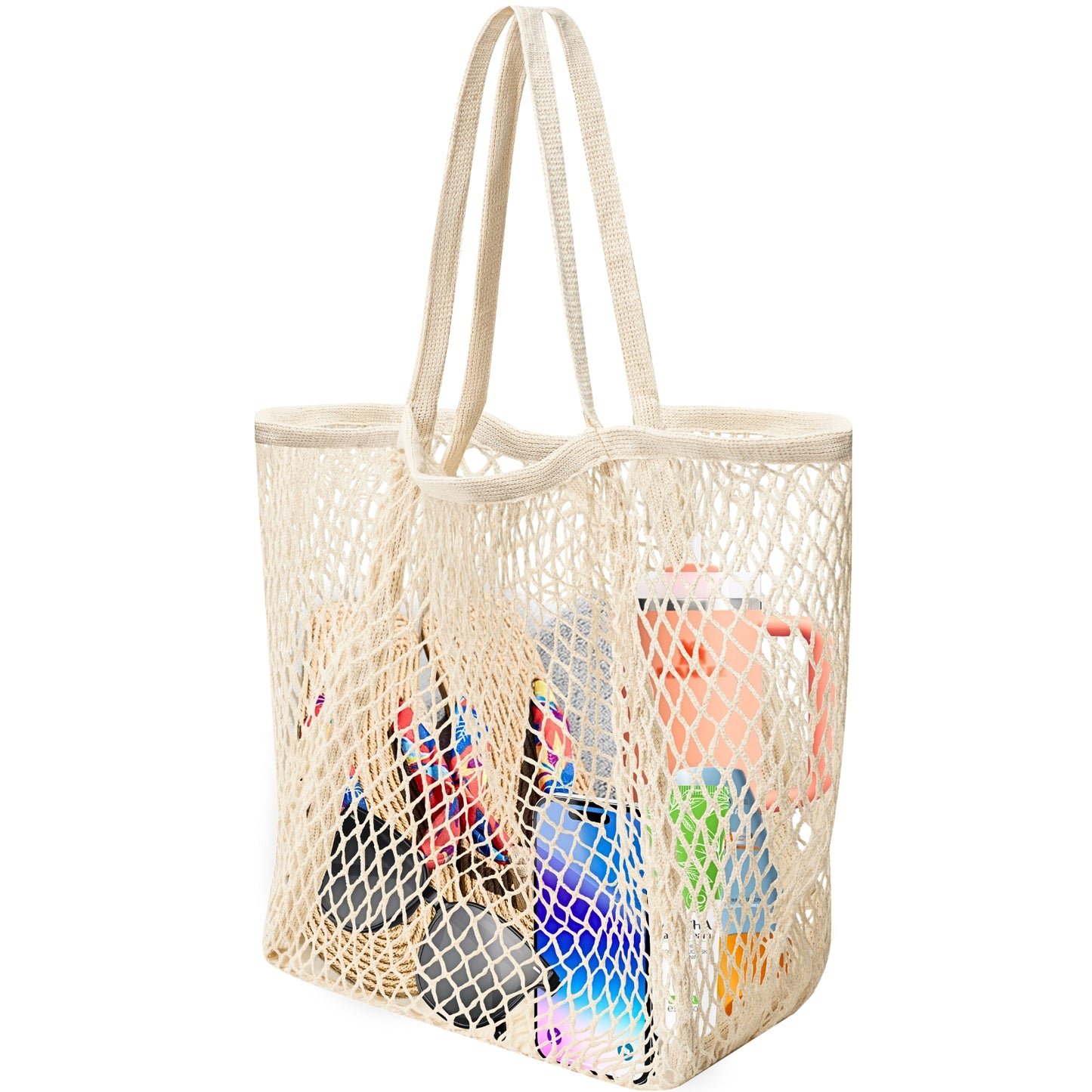 Pure Cotton Tote Bags for Women, Stylish Mesh Tote Bag Hobo, Reusable Mesh Grocery Bags, 2-in-1 Shoulder Bag with Large Inner Pocket, Essential for Picnic/Travel/Beach Vacation/Daily Shopping - Beige