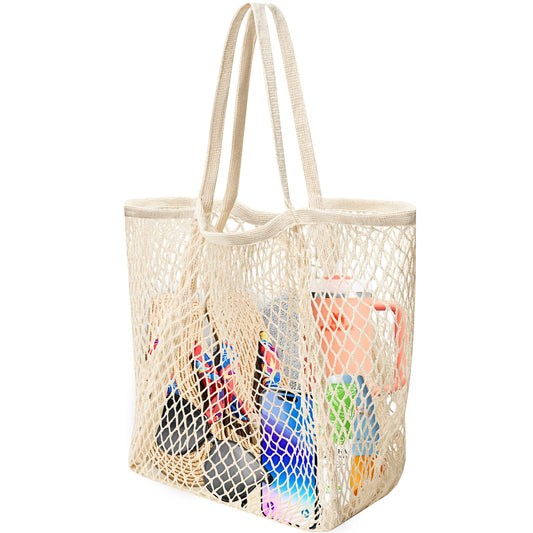 Pure Cotton Tote Bags for Women, Stylish Mesh Tote Bag Hobo, Reusable Mesh Grocery Bags, 2-in-1 Shoulder Bag with Large Inner Pocket, Essential for Picnic/Travel/Beach Vacation/Daily Shopping - Beige