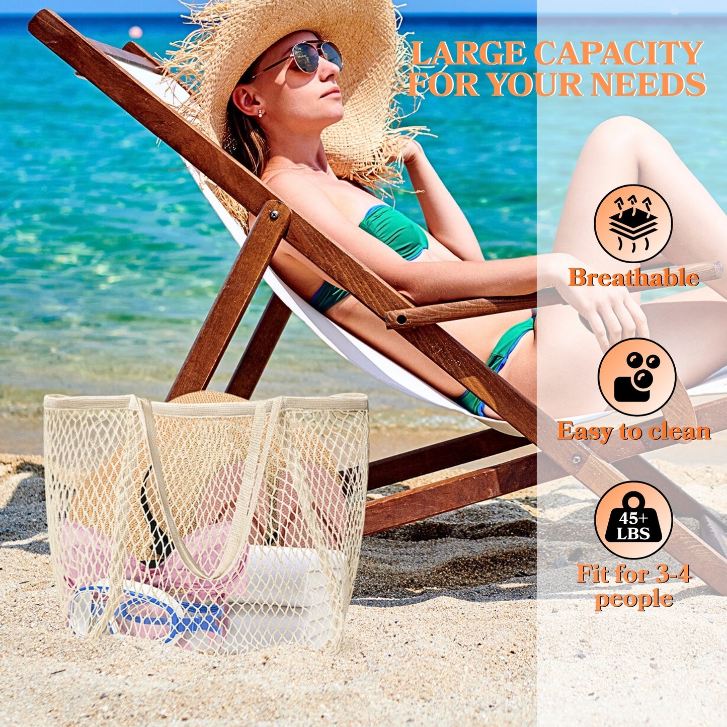 Pure Cotton Tote Bags for Women, Stylish Mesh Tote Bag Hobo, Reusable Mesh Grocery Bags, 2-in-1 Shoulder Bag with Large Inner Pocket, Essential for Picnic/Travel/Beach Vacation/Daily Shopping - Beige